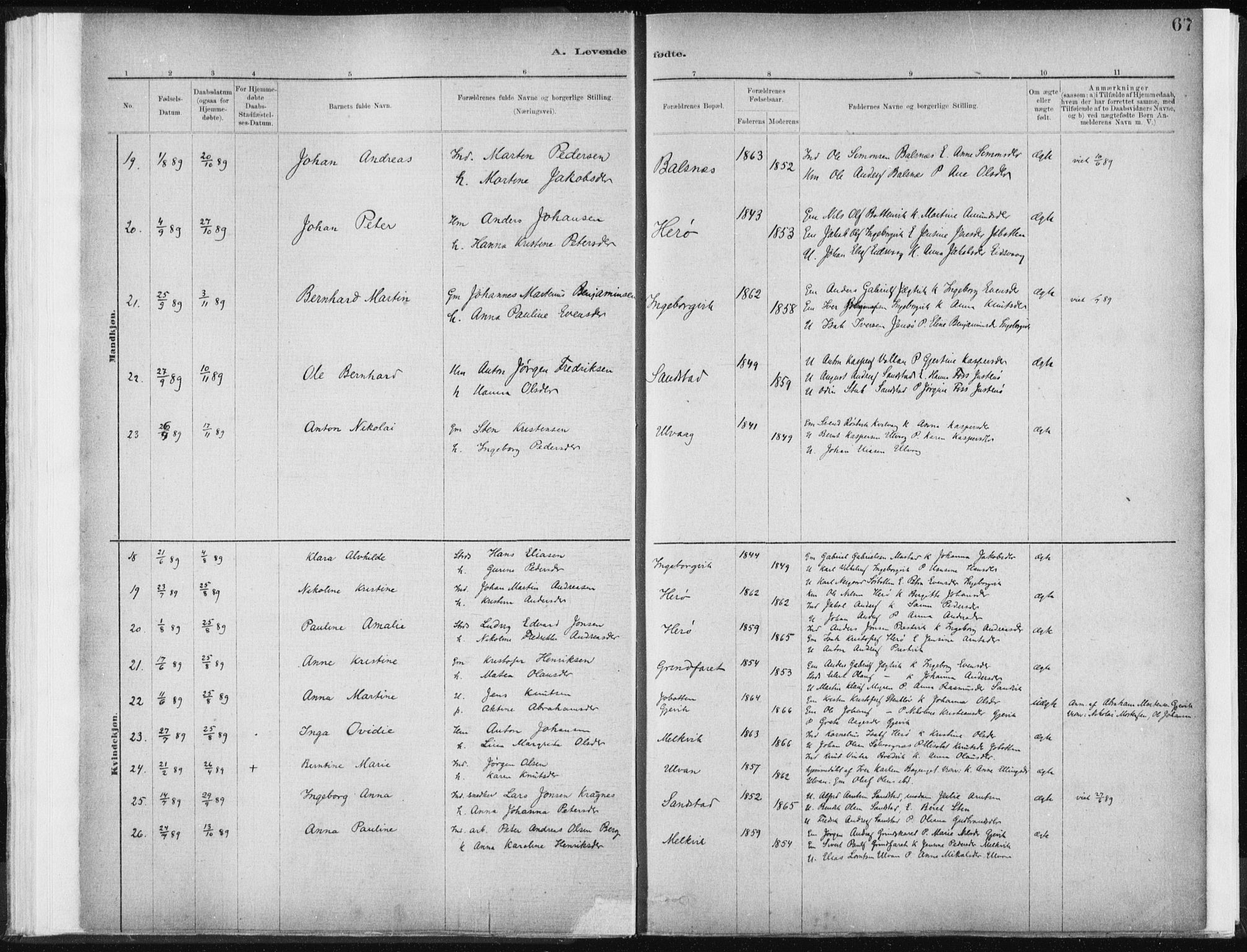 Ministerialprotokoller, klokkerbøker og fødselsregistre - Sør-Trøndelag, SAT/A-1456/637/L0558: Ministerialbok nr. 637A01, 1882-1899, s. 67