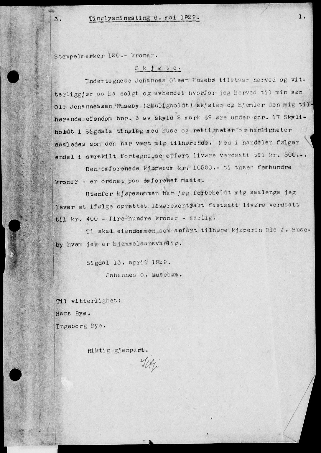 Eiker, Modum og Sigdal sorenskriveri, SAKO/A-123/G/Ga/Gab/L0018: Pantebok nr. II 18, 1929-1929, s. 1