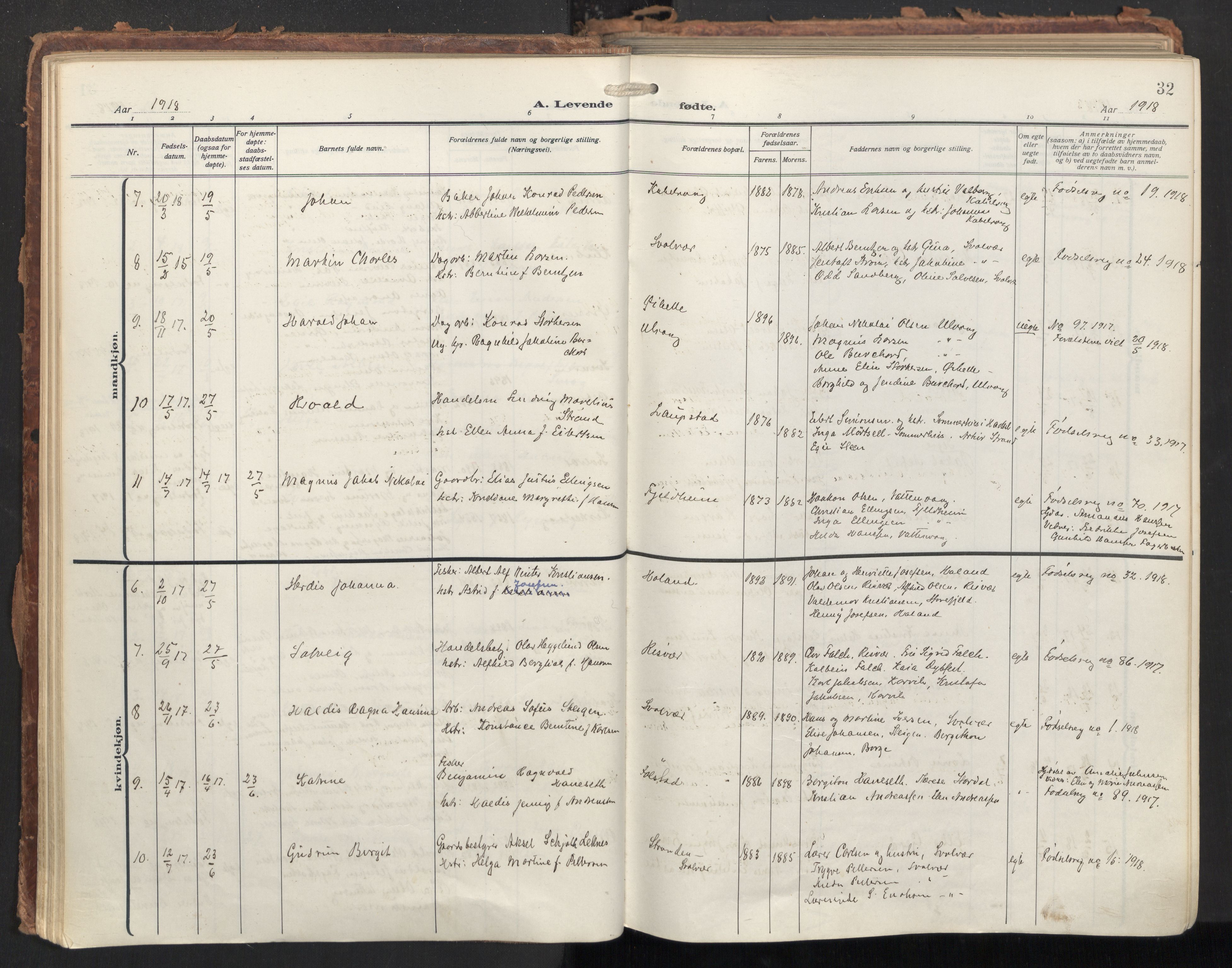 Ministerialprotokoller, klokkerbøker og fødselsregistre - Nordland, AV/SAT-A-1459/874/L1064: Ministerialbok nr. 874A08, 1915-1926, s. 32