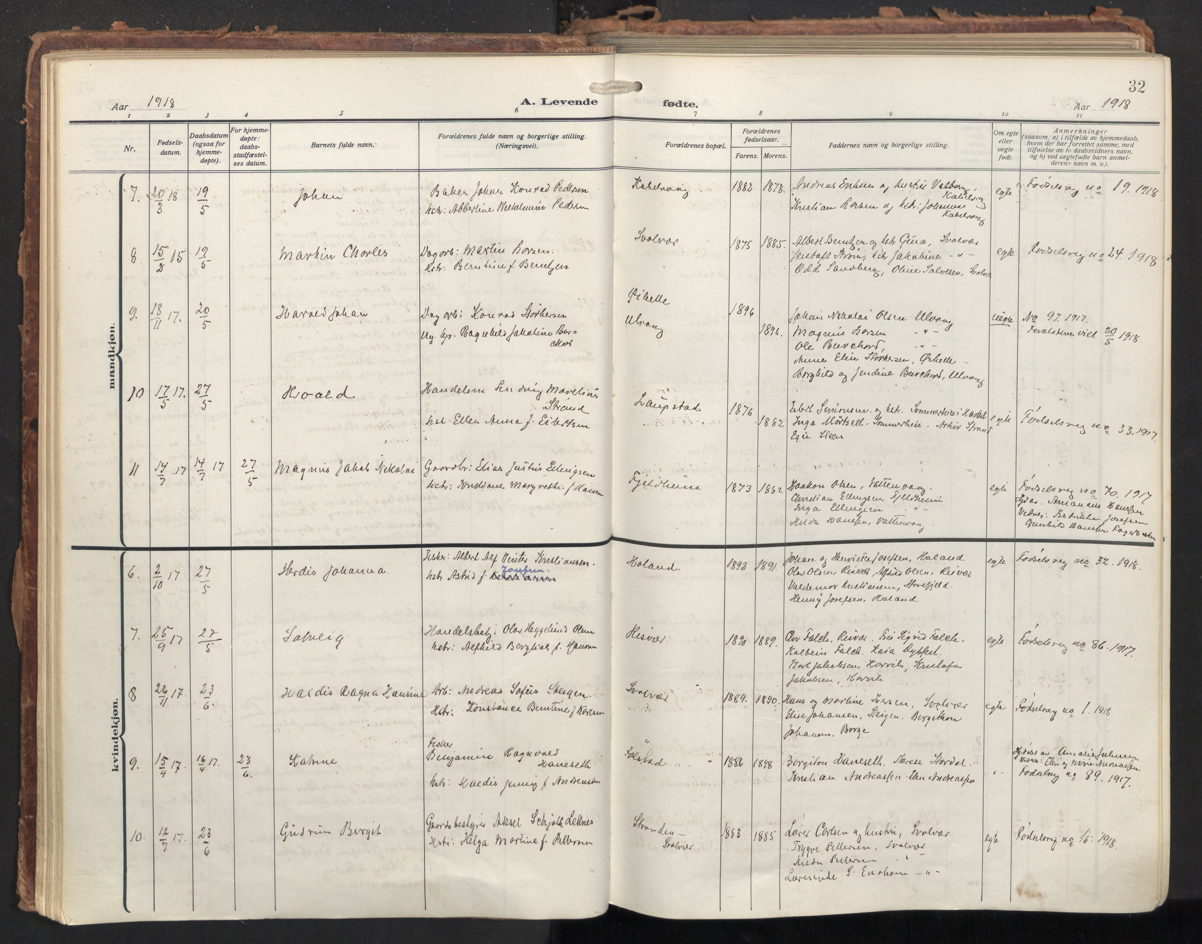 Ministerialprotokoller, klokkerbøker og fødselsregistre - Nordland, SAT/A-1459/874/L1064: Ministerialbok nr. 874A08, 1915-1926, s. 32