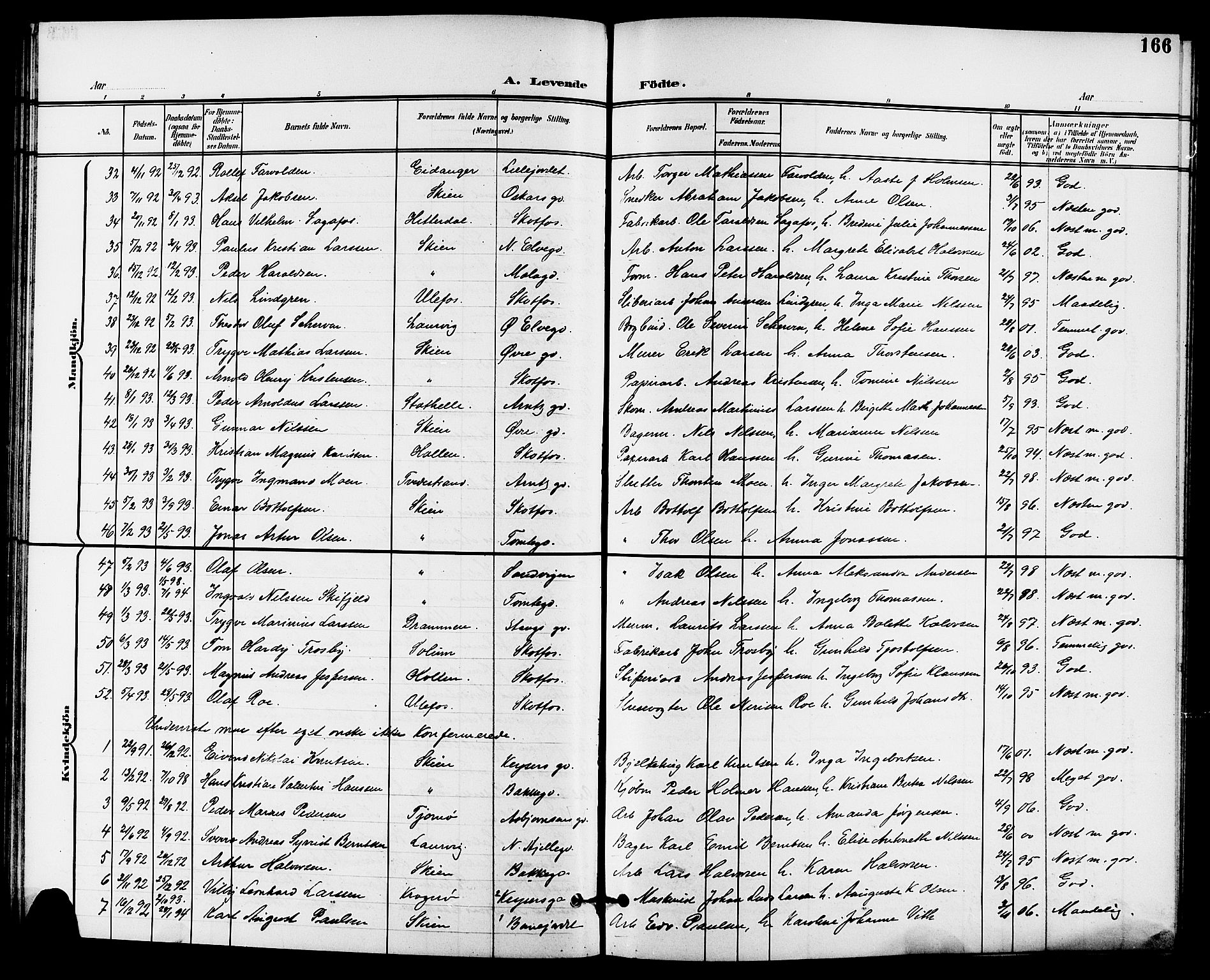 Skien kirkebøker, AV/SAKO-A-302/G/Ga/L0008: Klokkerbok nr. 8, 1900-1910, s. 166