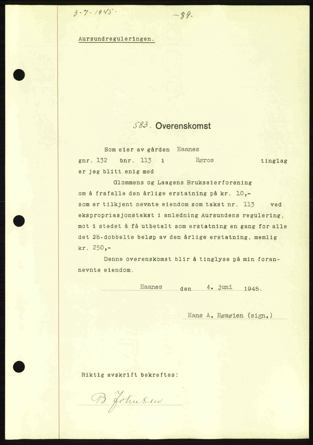 Gauldal sorenskriveri, SAT/A-0014/1/2/2C: Pantebok nr. A1a, 1945-1945, Dagboknr: 583/1945