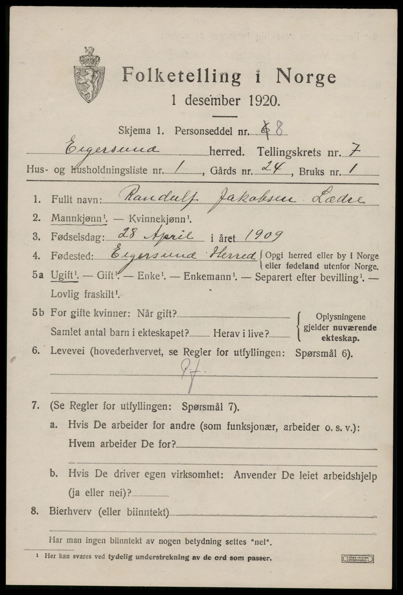 SAST, Folketelling 1920 for 1116 Eigersund herred, 1920, s. 4631
