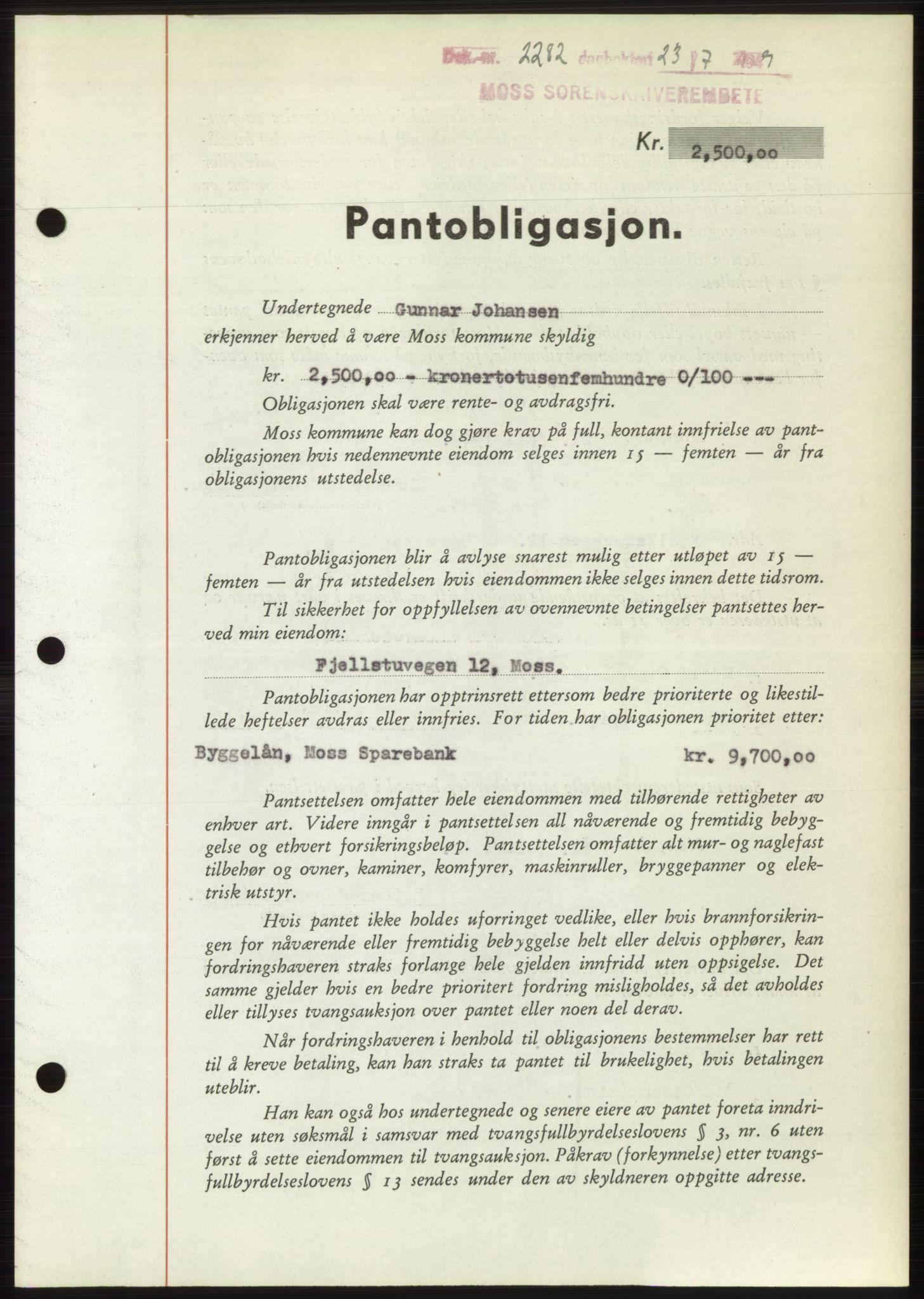 Moss sorenskriveri, SAO/A-10168: Pantebok nr. B22, 1949-1949, Dagboknr: 2282/1949