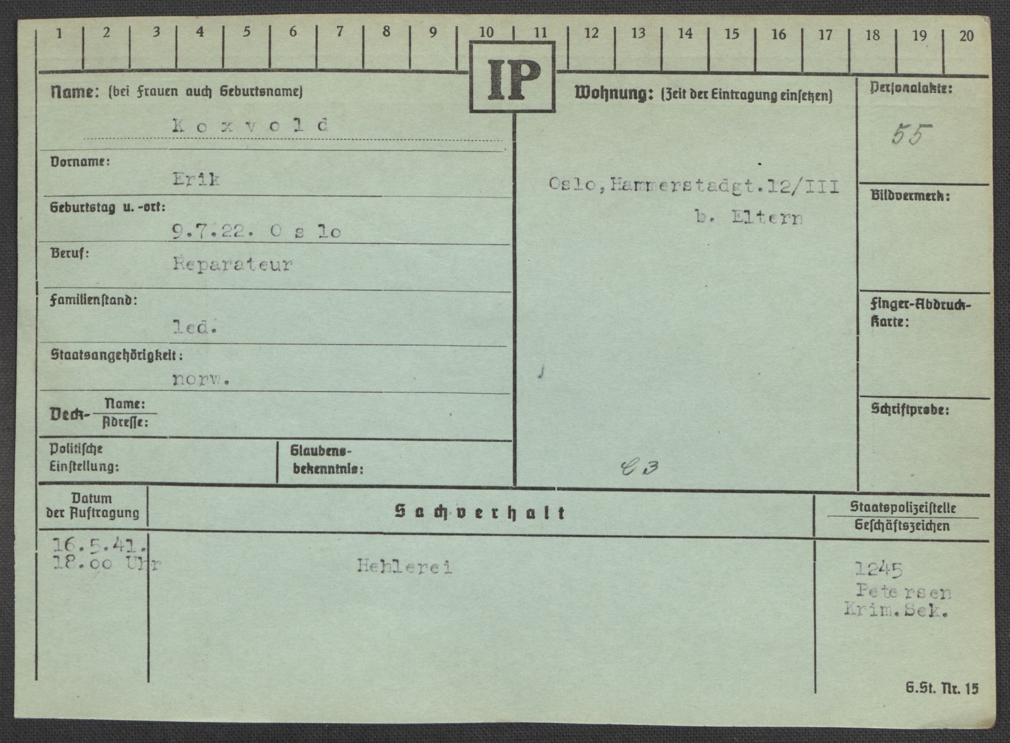 Befehlshaber der Sicherheitspolizei und des SD, AV/RA-RAFA-5969/E/Ea/Eaa/L0006: Register over norske fanger i Møllergata 19: Kj-Lund, 1940-1945, s. 282