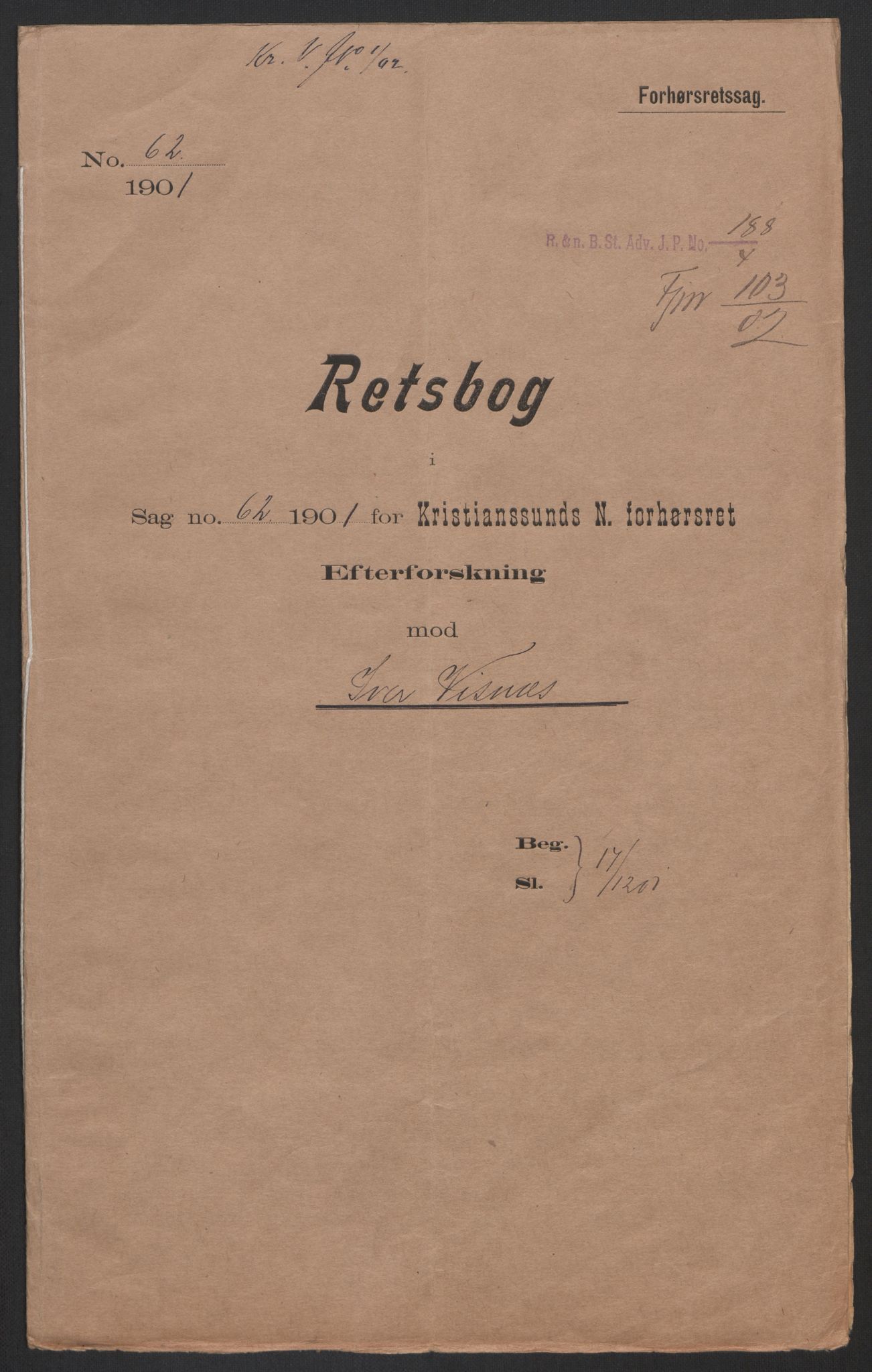 Falstad skolehjem, AV/RA-S-1676/E/Eb/L0004: Elevmapper løpenr. 81-98, 1901-1909, s. 189