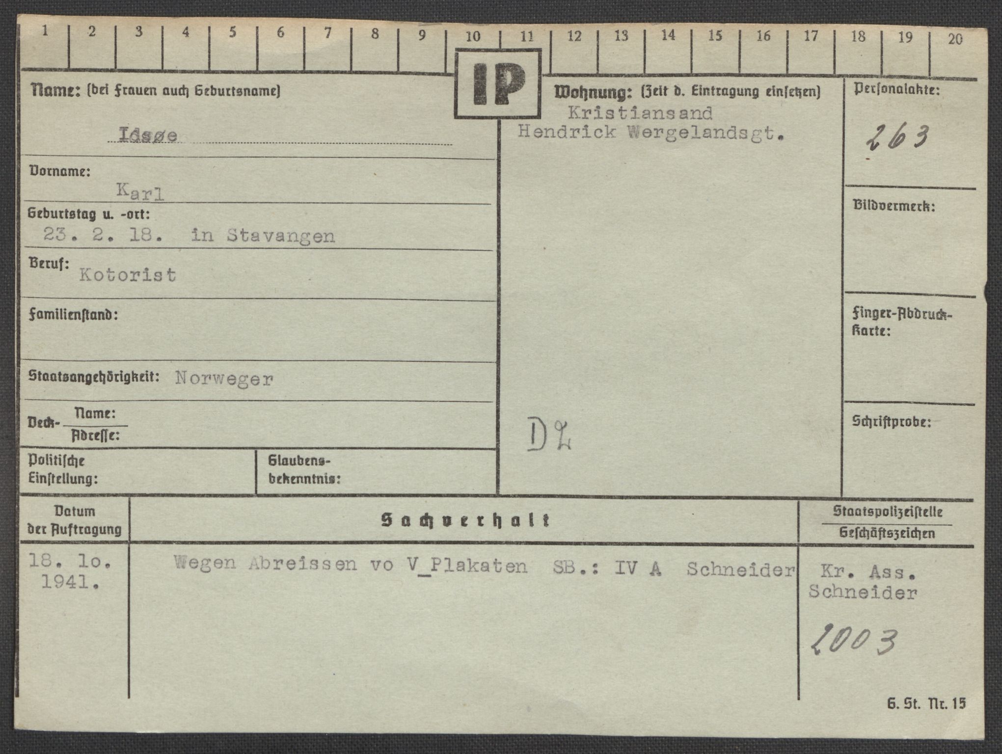 Befehlshaber der Sicherheitspolizei und des SD, RA/RAFA-5969/E/Ea/Eaa/L0005: Register over norske fanger i Møllergata 19: Hø-Kj, 1940-1945, s. 110