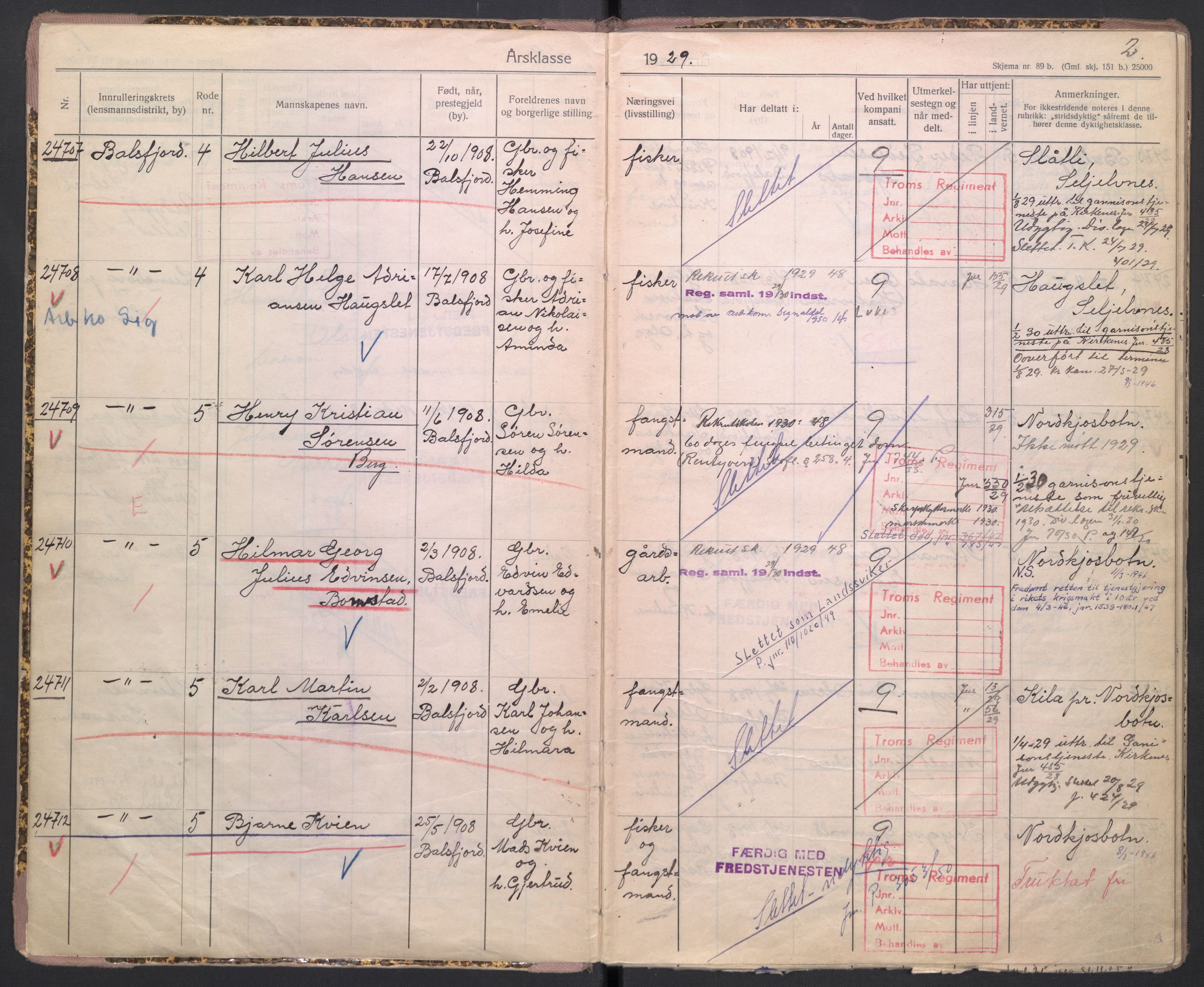 Forsvaret, Troms infanteriregiment nr. 16, AV/RA-RAFA-3146/P/Pa/L0005/0002: Ruller / Rulle for Lyngen bataljons menige mannskaper, årsklasse 1929, 1929, s. 2