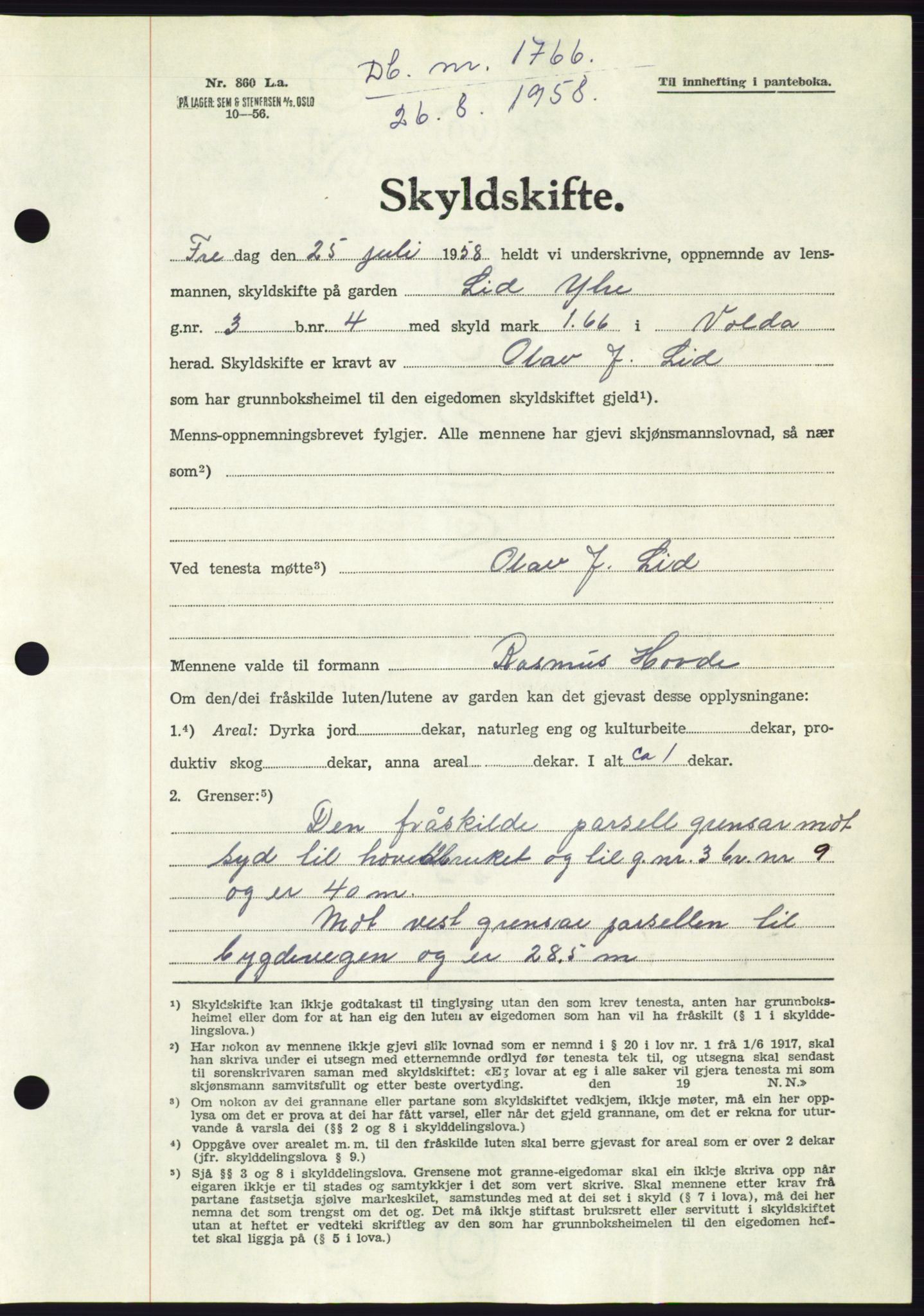 Søre Sunnmøre sorenskriveri, AV/SAT-A-4122/1/2/2C/L0110: Pantebok nr. 36A, 1958-1958, Dagboknr: 1766/1958