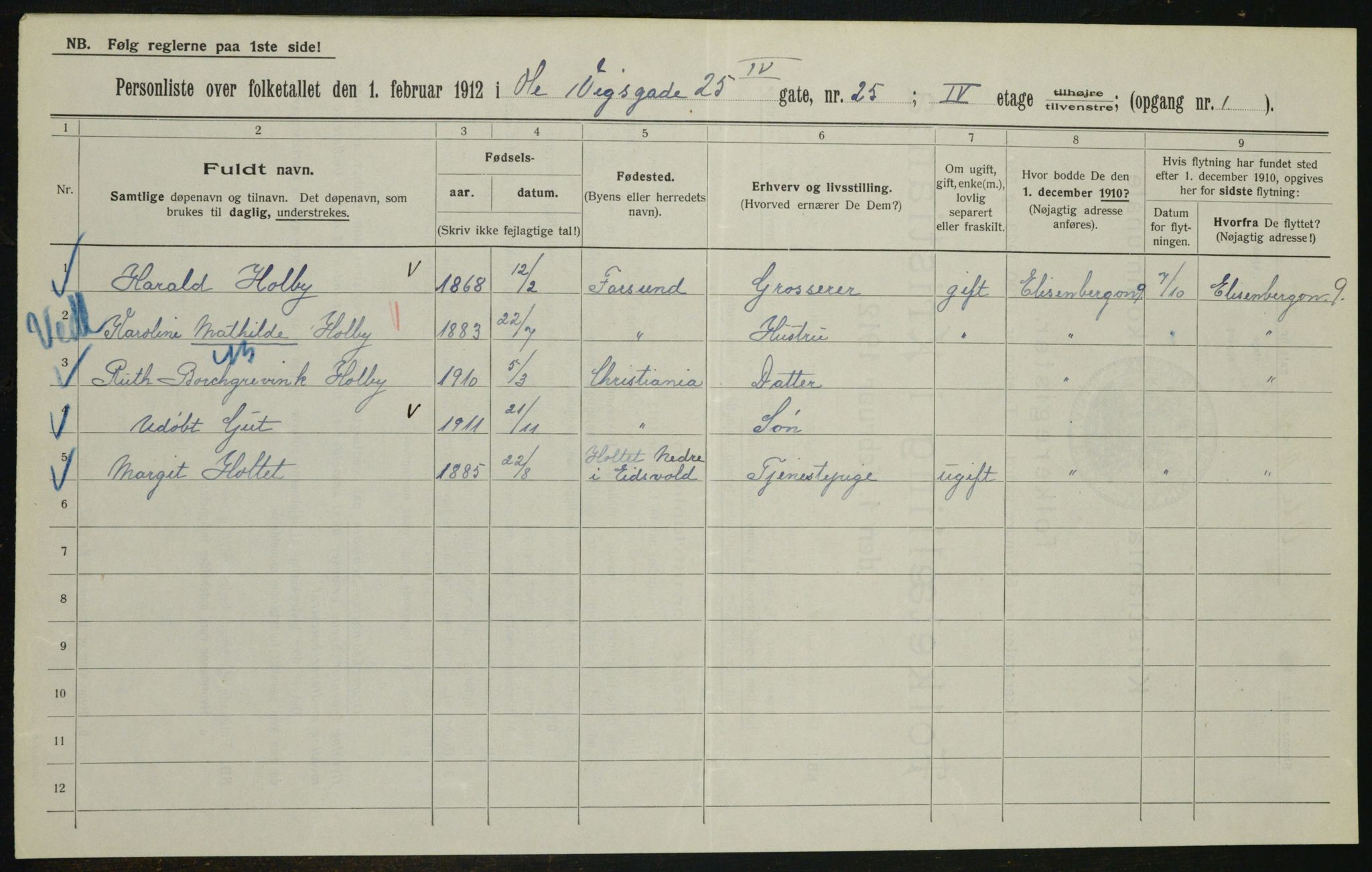 OBA, Kommunal folketelling 1.2.1912 for Kristiania, 1912, s. 76291