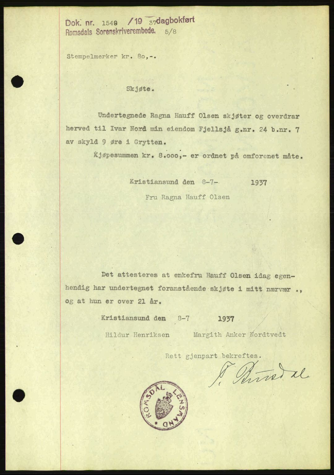 Romsdal sorenskriveri, SAT/A-4149/1/2/2C: Pantebok nr. A3, 1937-1937, Dagboknr: 1549/1937