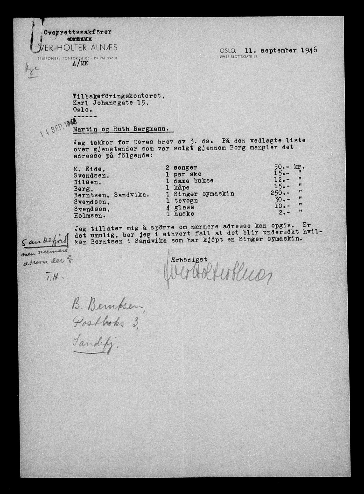 Justisdepartementet, Tilbakeføringskontoret for inndratte formuer, AV/RA-S-1564/H/Hc/Hcc/L0921: --, 1945-1947, s. 75