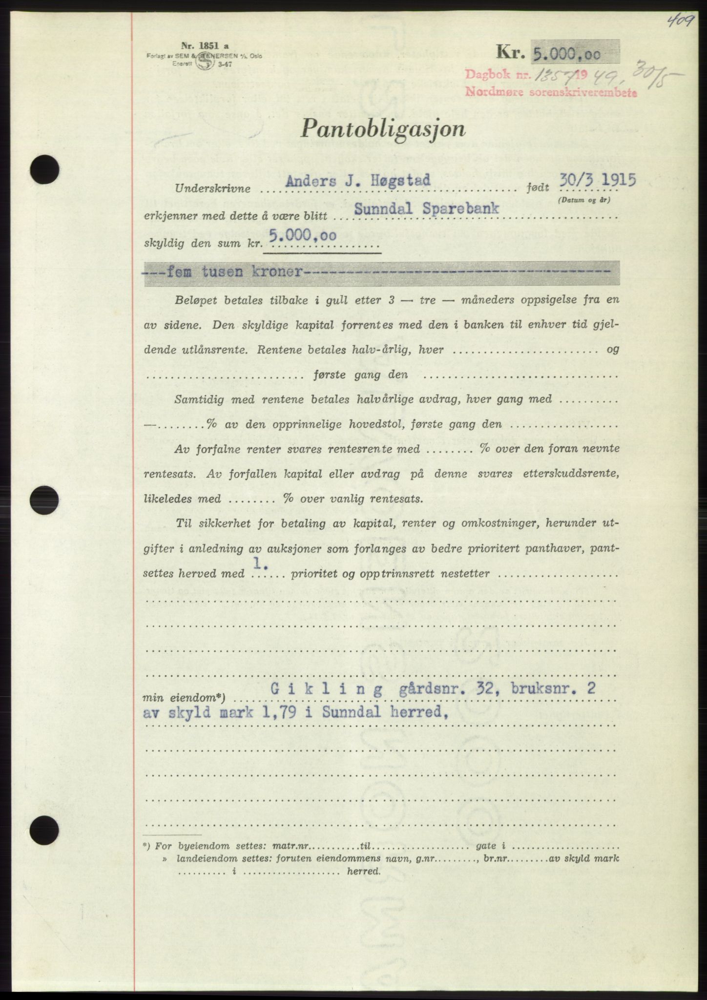 Nordmøre sorenskriveri, SAT/A-4132/1/2/2Ca: Pantebok nr. B101, 1949-1949, Dagboknr: 1357/1949