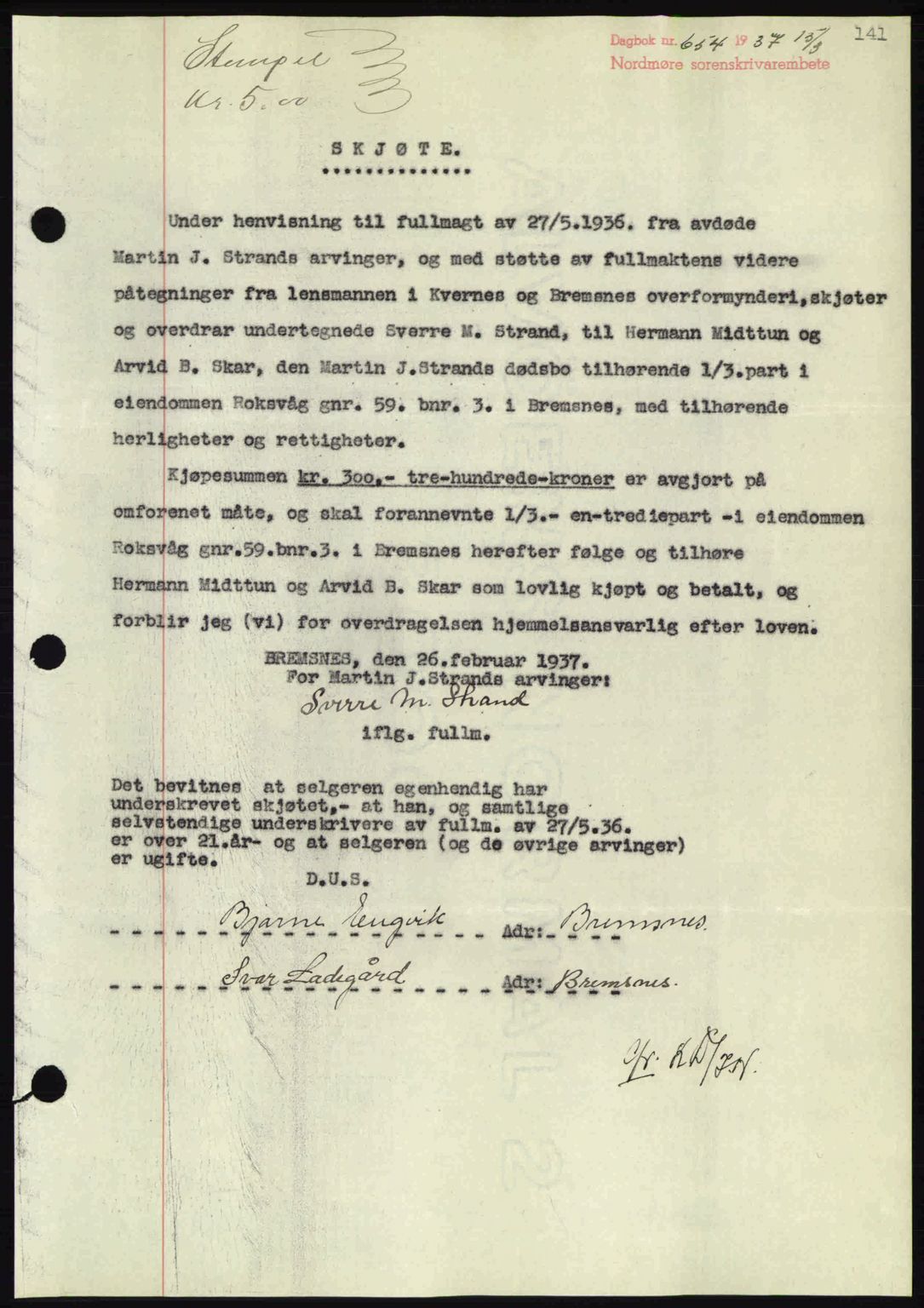 Nordmøre sorenskriveri, SAT/A-4132/1/2/2Ca: Pantebok nr. A81, 1937-1937, Dagboknr: 654/1937