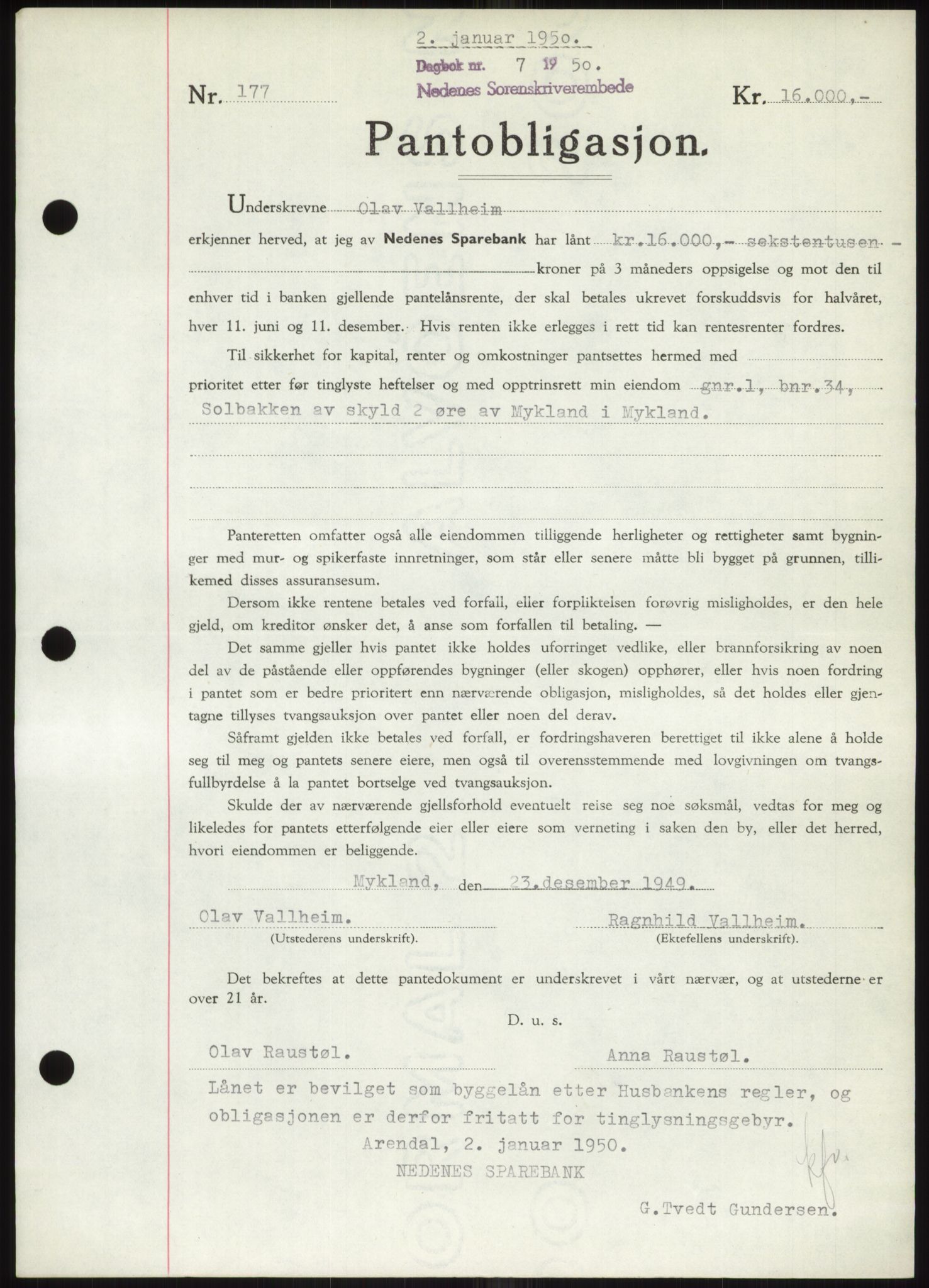 Nedenes sorenskriveri, SAK/1221-0006/G/Gb/Gbb/L0007: Pantebok nr. B7, 1949-1950, Dagboknr: 7/1950