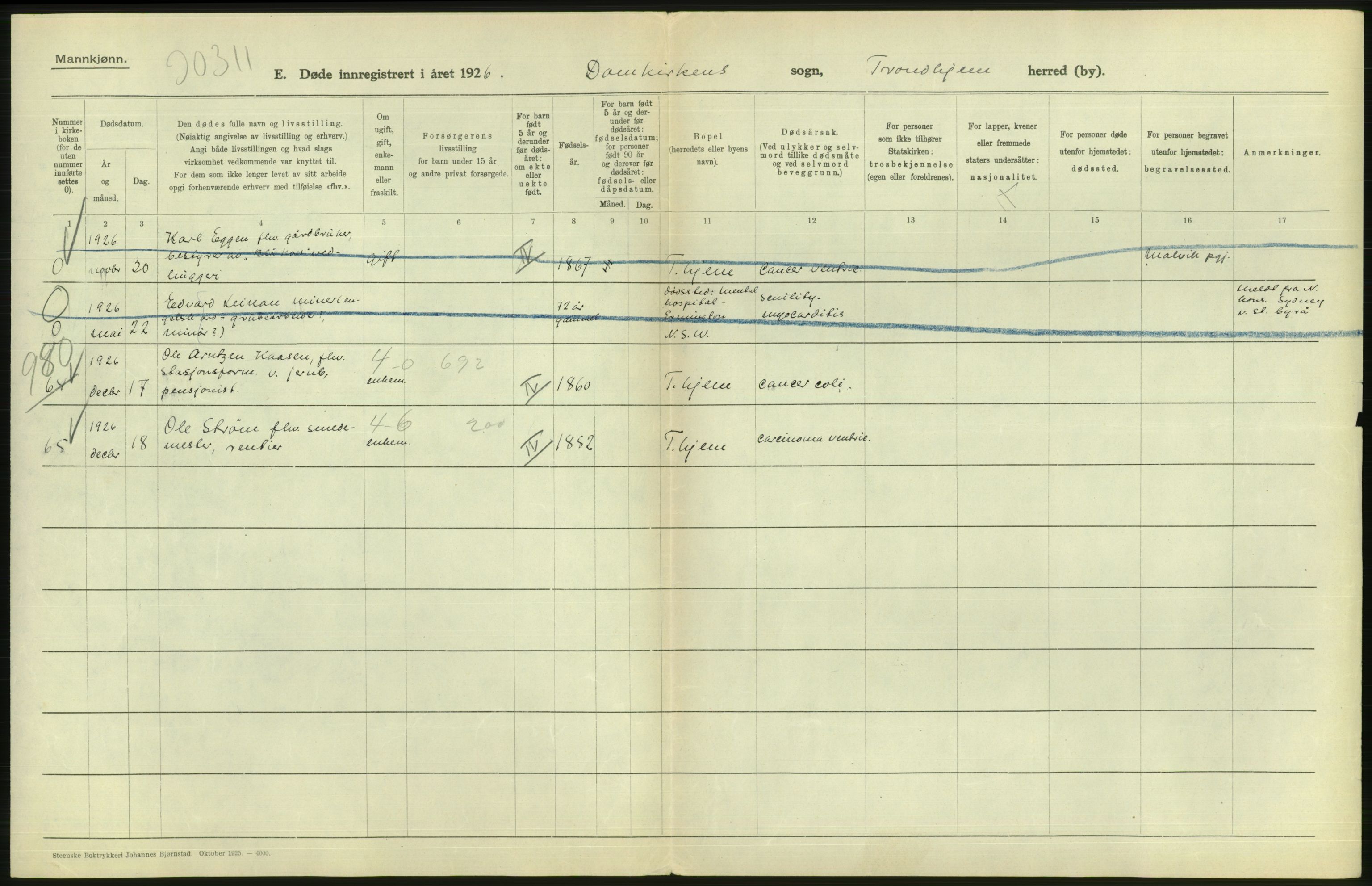 Statistisk sentralbyrå, Sosiodemografiske emner, Befolkning, AV/RA-S-2228/D/Df/Dfc/Dfcf/L0036: Trondheim: Levendefødte menn og kvinner, gifte, døde, dødfødte., 1926, s. 568