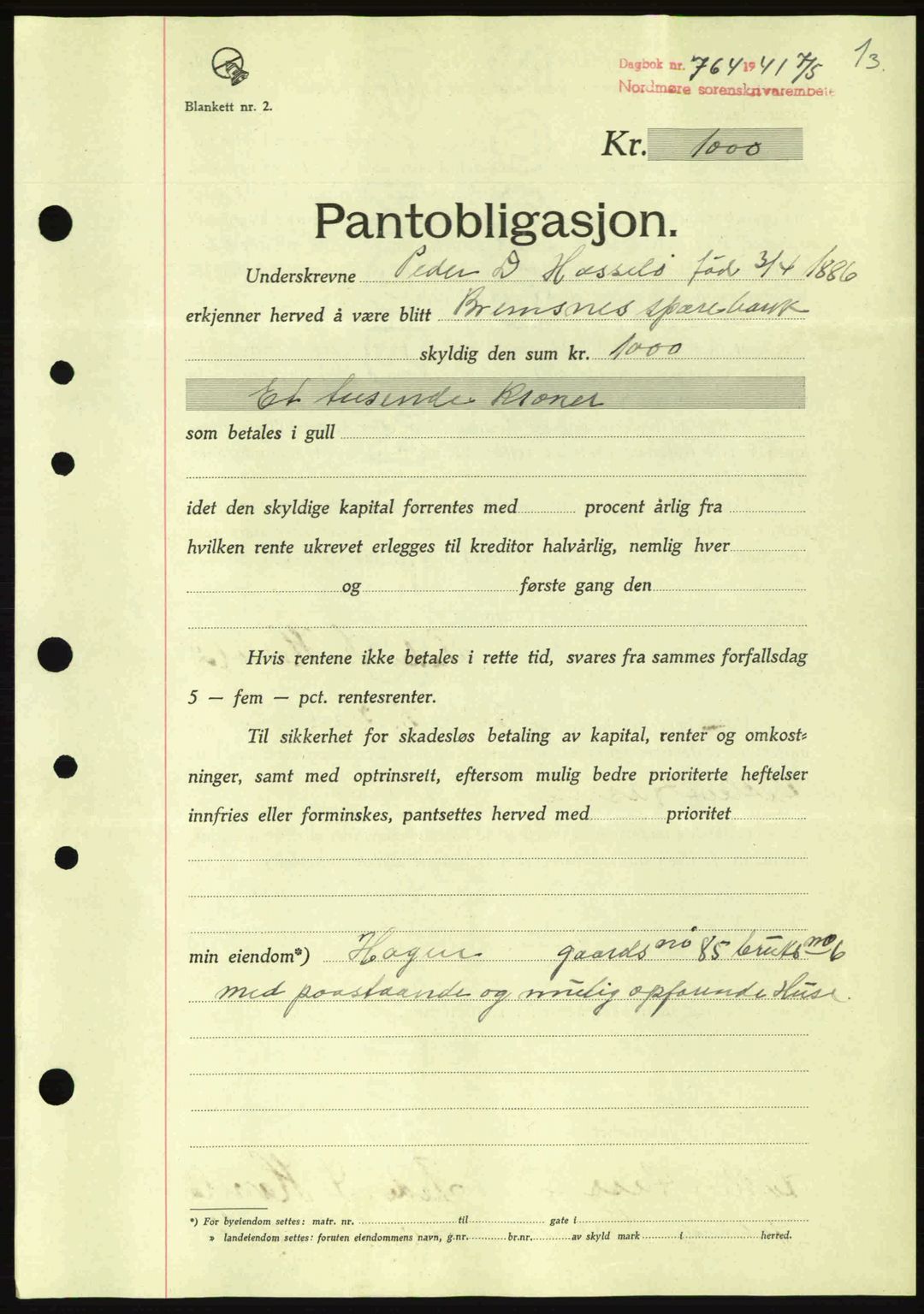 Nordmøre sorenskriveri, SAT/A-4132/1/2/2Ca: Pantebok nr. B88, 1941-1942, Dagboknr: 764/1941
