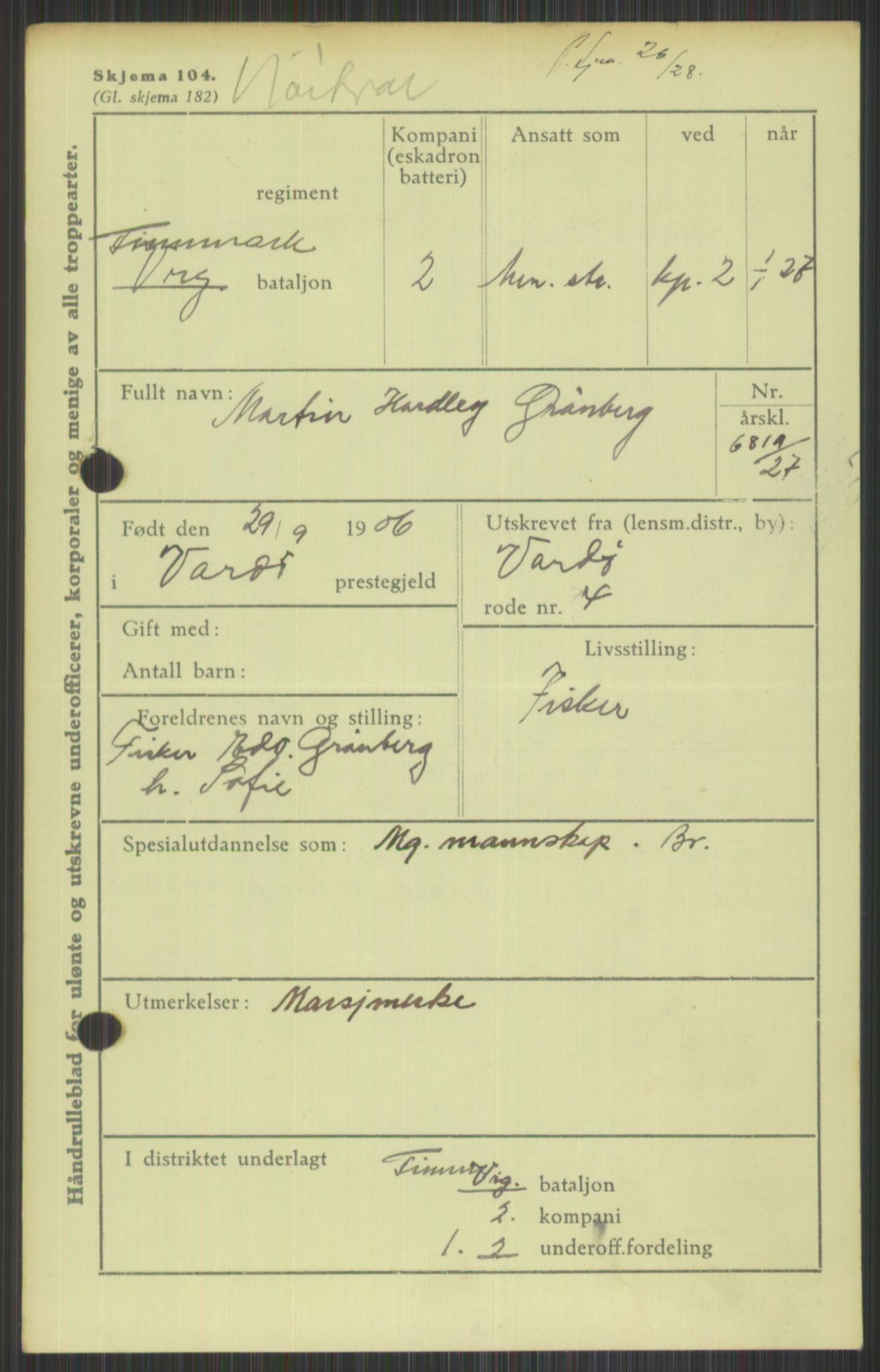 Forsvaret, Varanger bataljon, AV/RA-RAFA-2258/1/D/L0440: Rulleblad for fødte 1892-1912, 1892-1912, s. 823