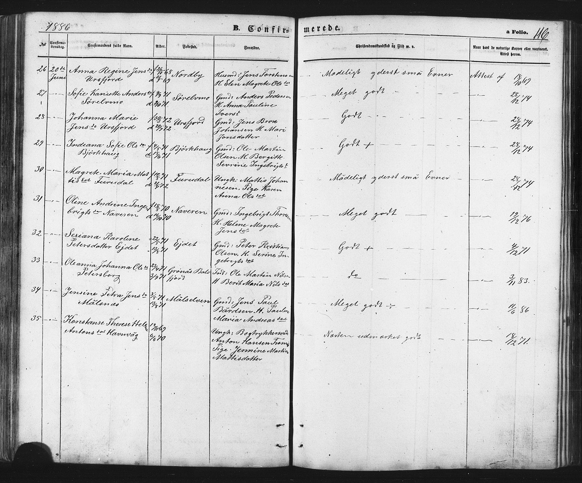 Balsfjord sokneprestembete, AV/SATØ-S-1303/G/Ga/L0002klokker: Klokkerbok nr. 2, 1870-1886, s. 116