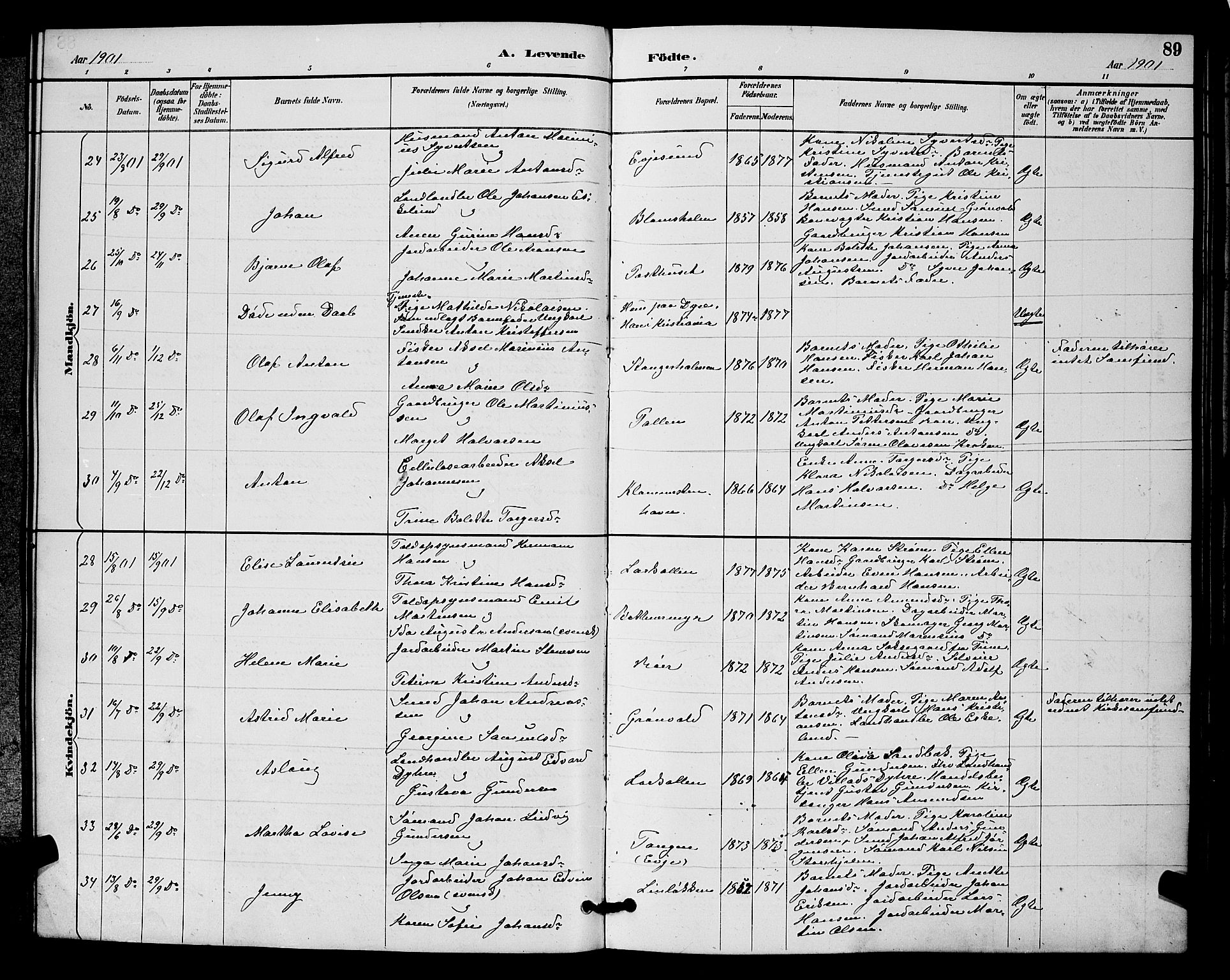 Rygge prestekontor Kirkebøker, AV/SAO-A-10084b/G/Ga/L0002: Klokkerbok nr. 2, 1887-1905, s. 89
