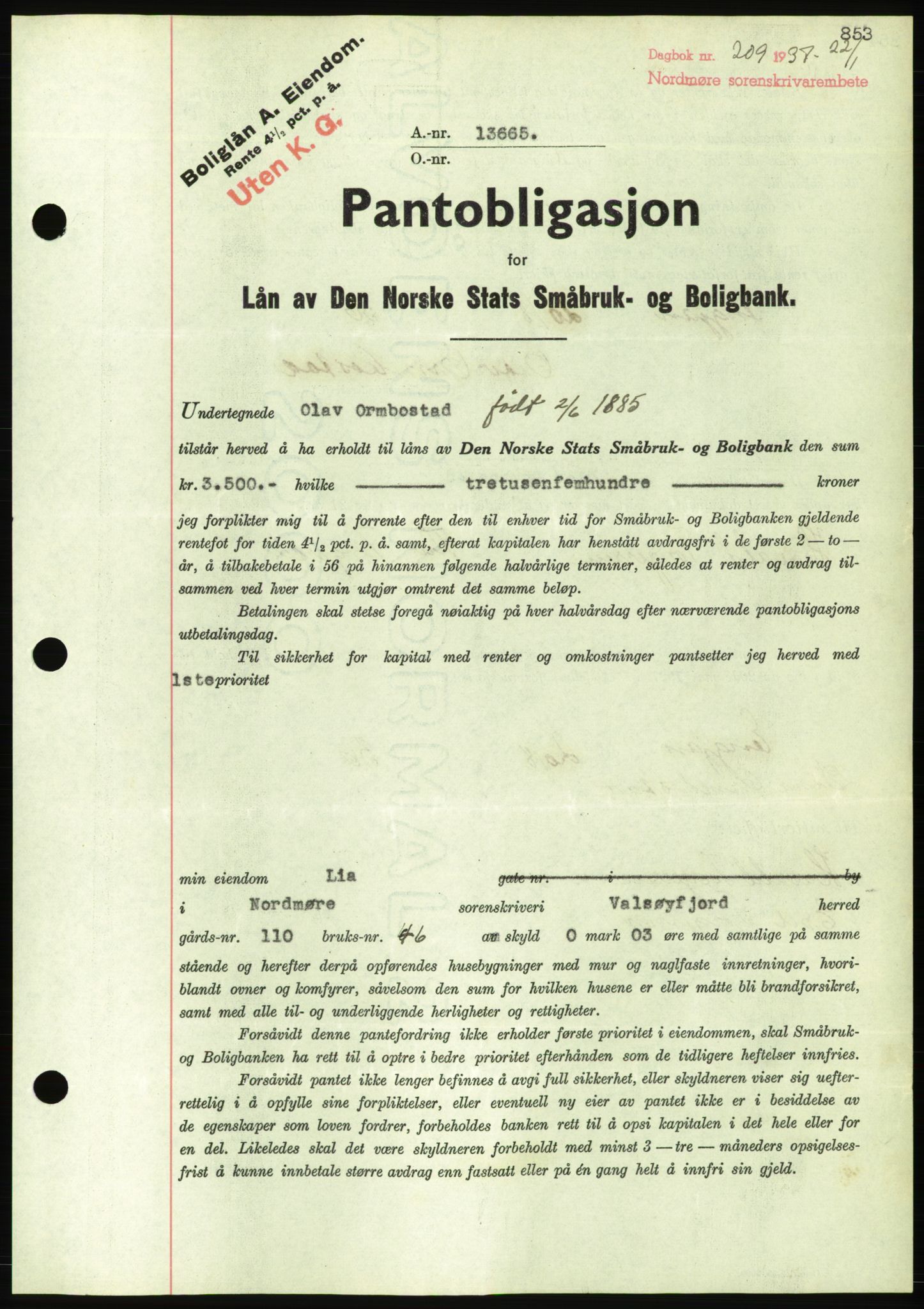 Nordmøre sorenskriveri, AV/SAT-A-4132/1/2/2Ca/L0090: Pantebok nr. B80, 1936-1937, Dagboknr: 209/1937