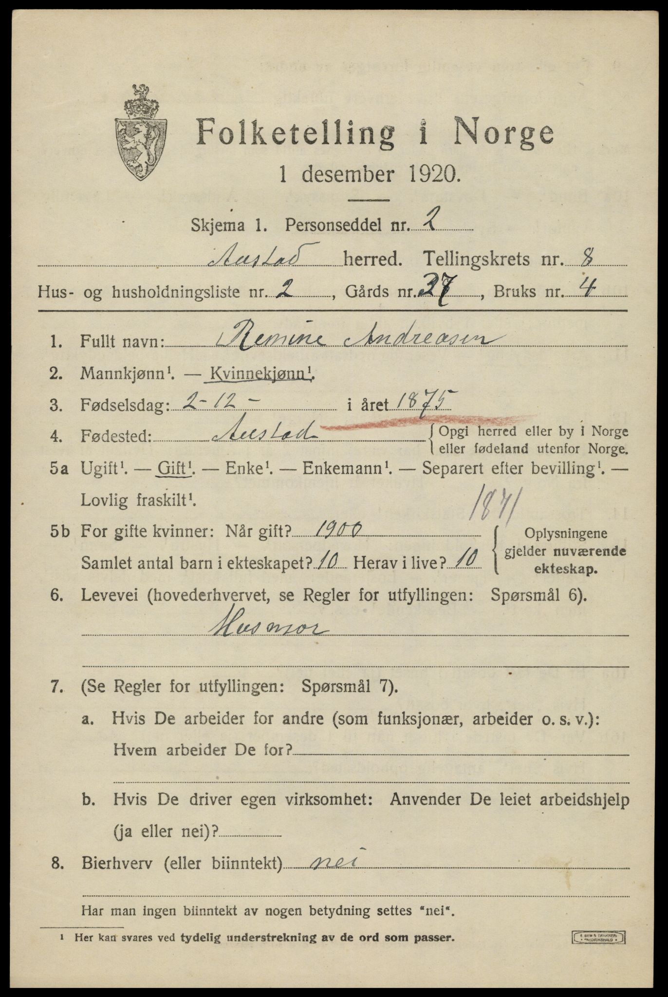 SAK, Folketelling 1920 for 1031 Austad herred, 1920, s. 2611