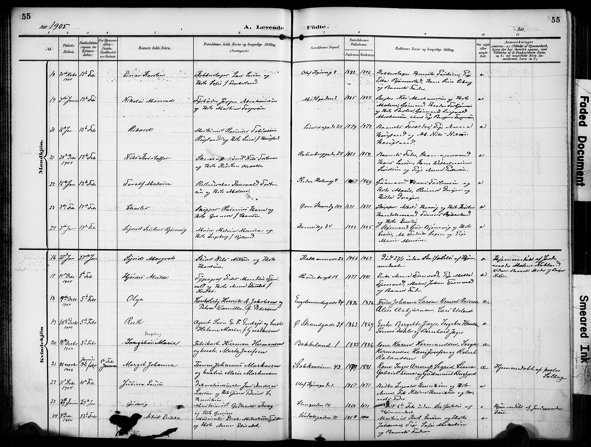 Domkirken sokneprestkontor, AV/SAST-A-101812/001/30/30BB/L0018: Klokkerbok nr. B 18, 1903-1915, s. 55