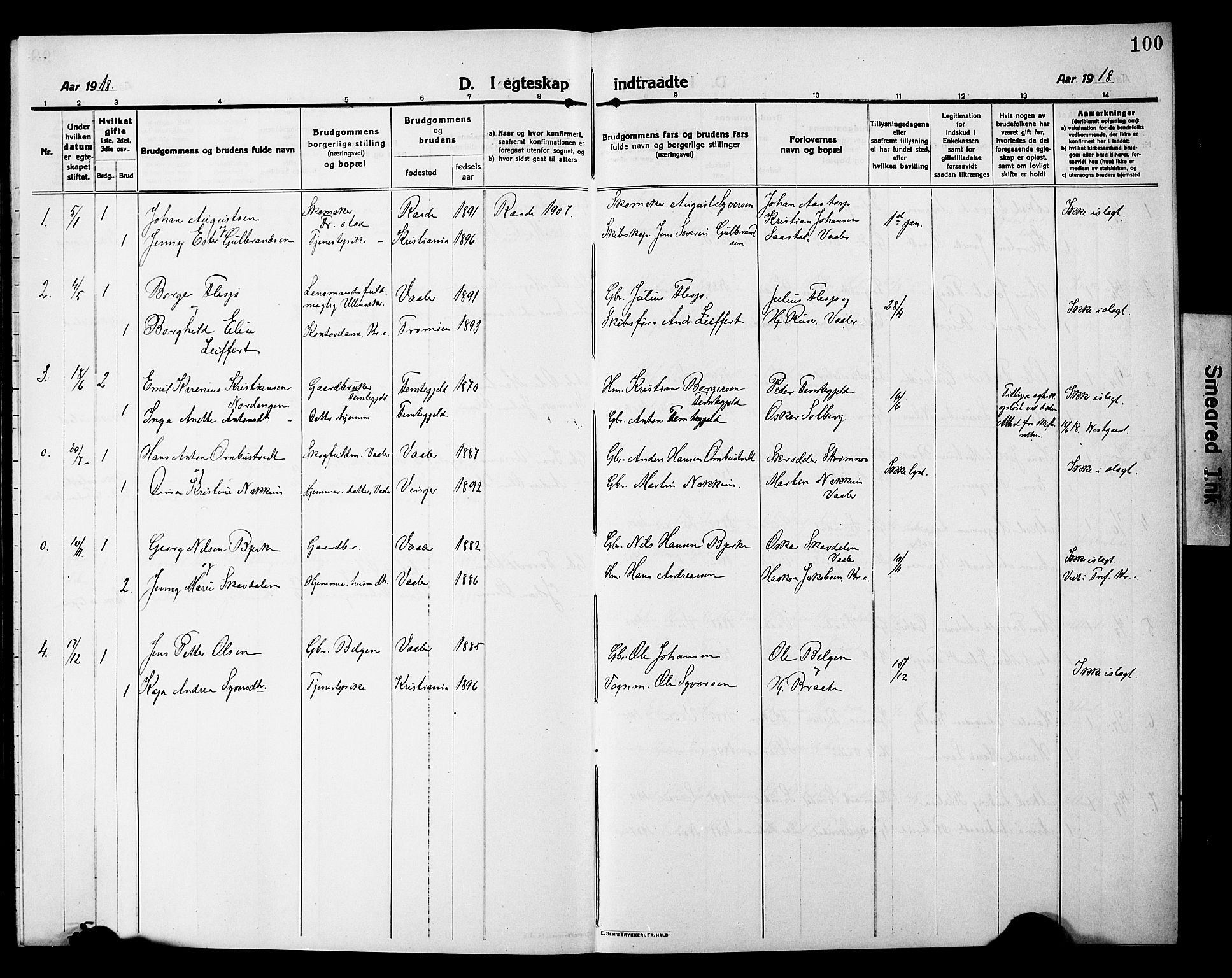 Våler prestekontor Kirkebøker, AV/SAO-A-11083/G/Ga/L0005: Klokkerbok nr. I 5, 1915-1931, s. 100