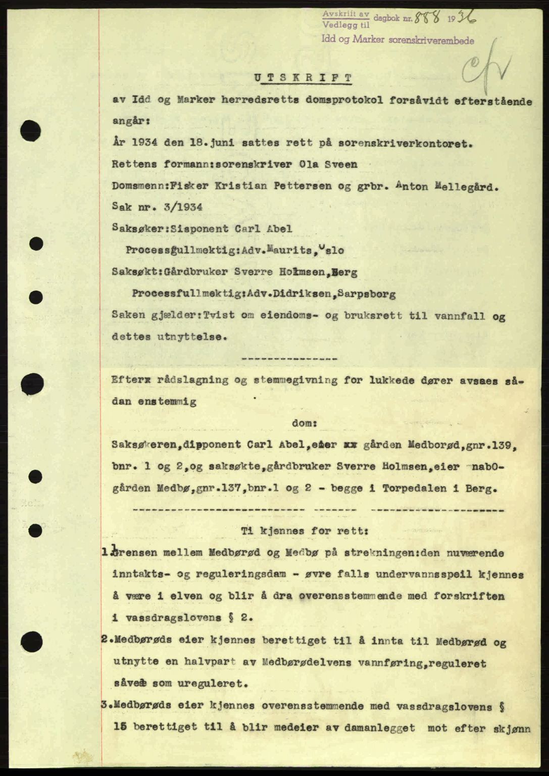 Idd og Marker sorenskriveri, AV/SAO-A-10283/G/Gb/Gbb/L0001: Pantebok nr. A1, 1936-1937, Dagboknr: 888/1936