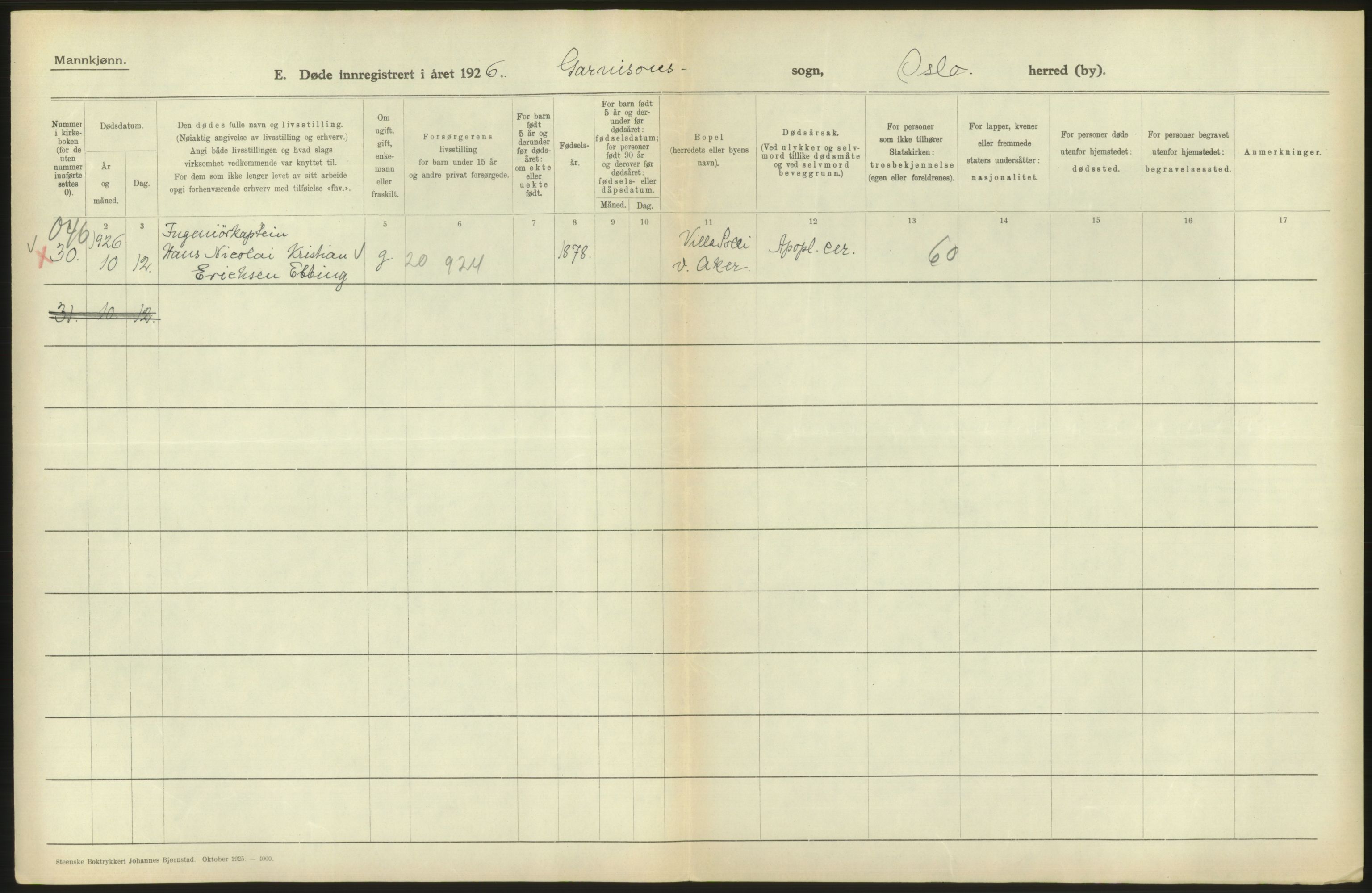 Statistisk sentralbyrå, Sosiodemografiske emner, Befolkning, AV/RA-S-2228/D/Df/Dfc/Dfcf/L0009: Oslo: Døde menn, 1926, s. 408