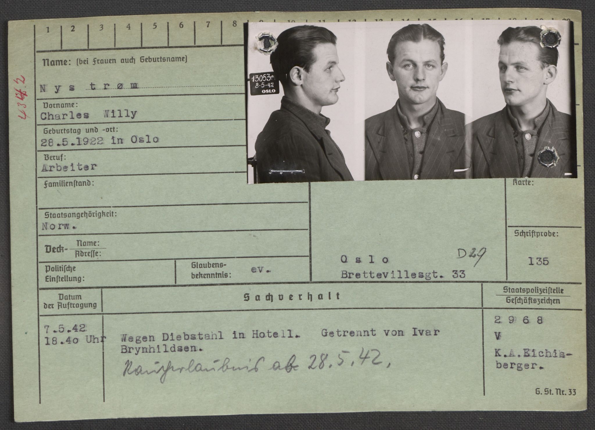 Befehlshaber der Sicherheitspolizei und des SD, RA/RAFA-5969/E/Ea/Eaa/L0007: Register over norske fanger i Møllergata 19: Lundb-N, 1940-1945, s. 1564