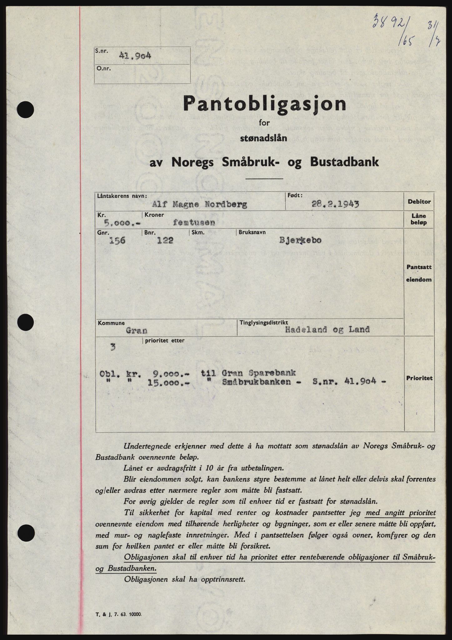 Hadeland og Land tingrett, SAH/TING-010/H/Hb/Hbc/L0059: Pantebok nr. B59, 1965-1965, Dagboknr: 3892/1965