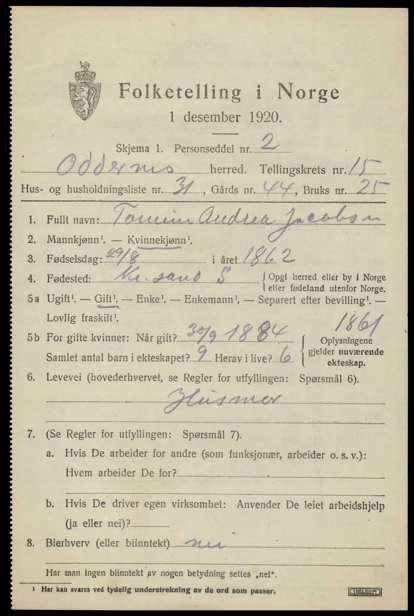 SAK, Folketelling 1920 for 1012 Oddernes herred, 1920, s. 10333