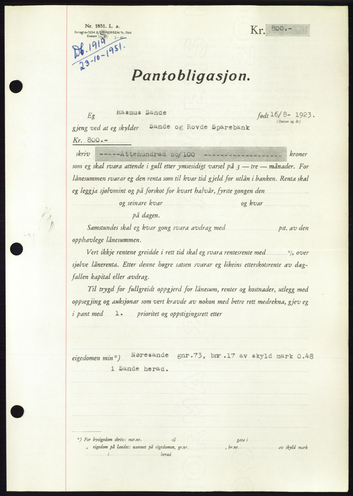 Søre Sunnmøre sorenskriveri, AV/SAT-A-4122/1/2/2C/L0120: Pantebok nr. 8B, 1951-1951, Dagboknr: 1919/1951