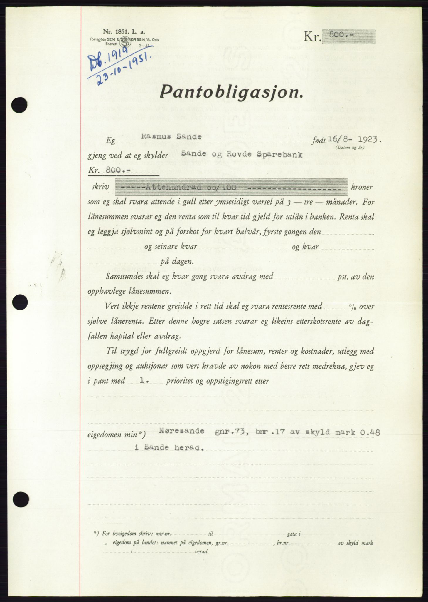 Søre Sunnmøre sorenskriveri, SAT/A-4122/1/2/2C/L0120: Pantebok nr. 8B, 1951-1951, Dagboknr: 1919/1951