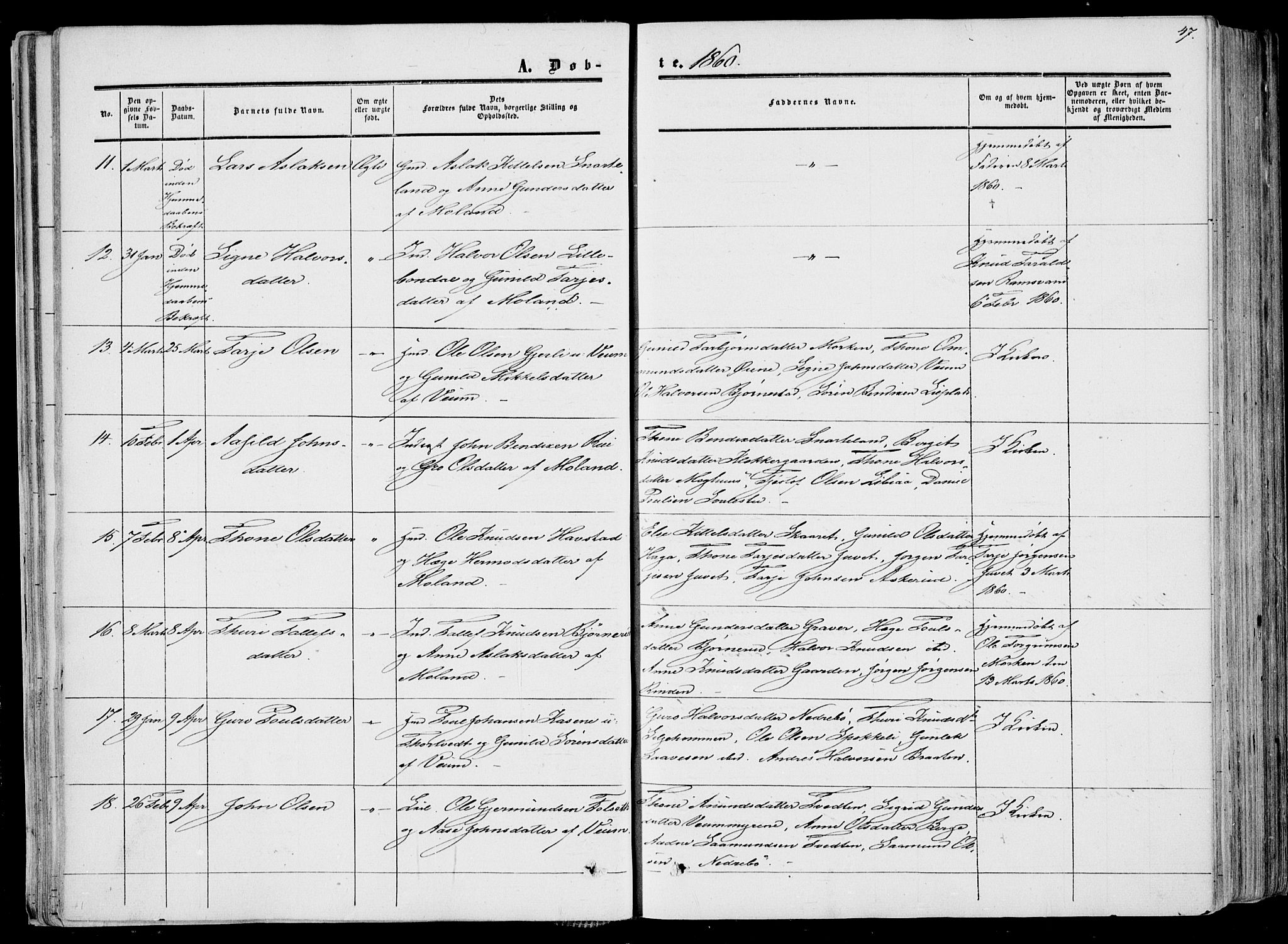 Fyresdal kirkebøker, AV/SAKO-A-263/F/Fa/L0005: Ministerialbok nr. I 5, 1855-1871, s. 47