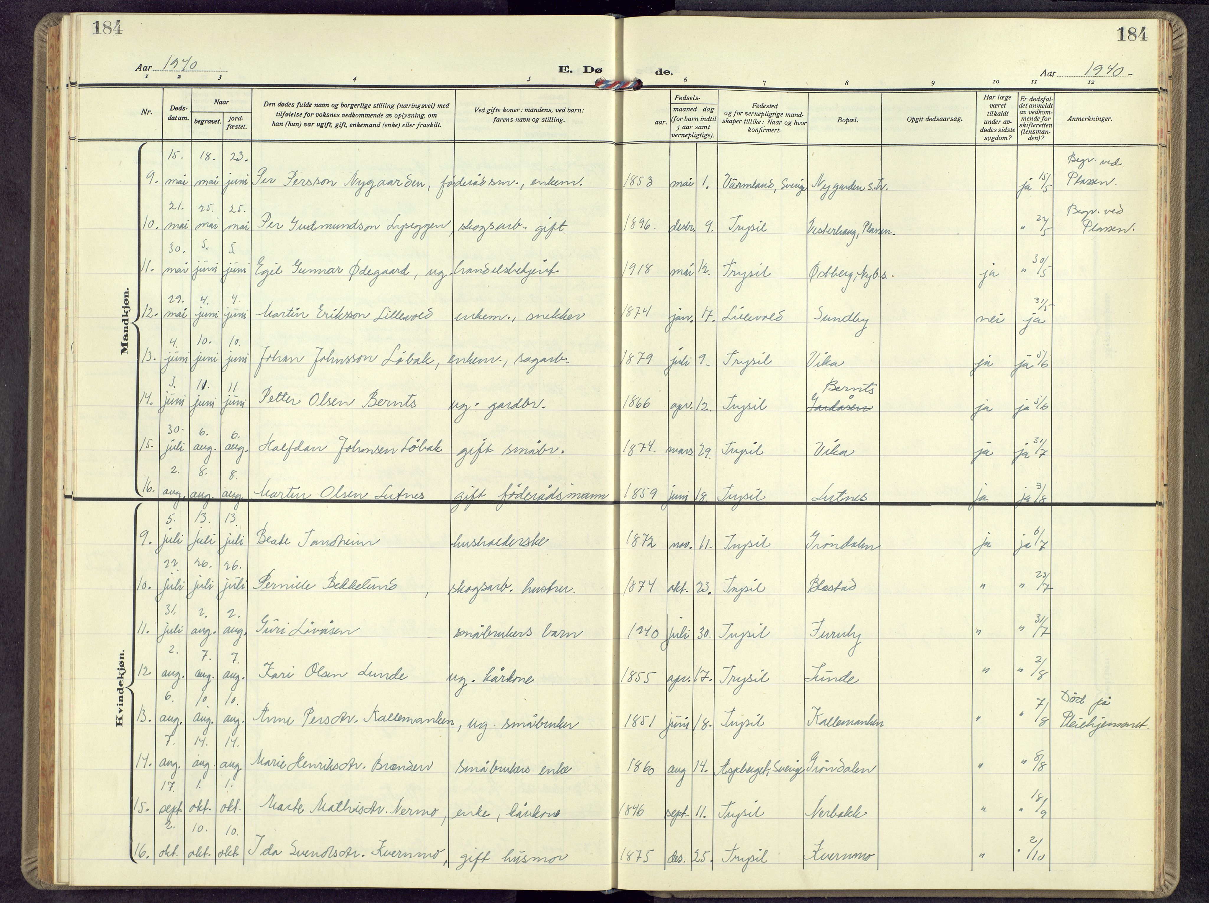 Trysil prestekontor, SAH/PREST-046/H/Ha/Hab/L0012: Klokkerbok nr. 12, 1938-1959, s. 184