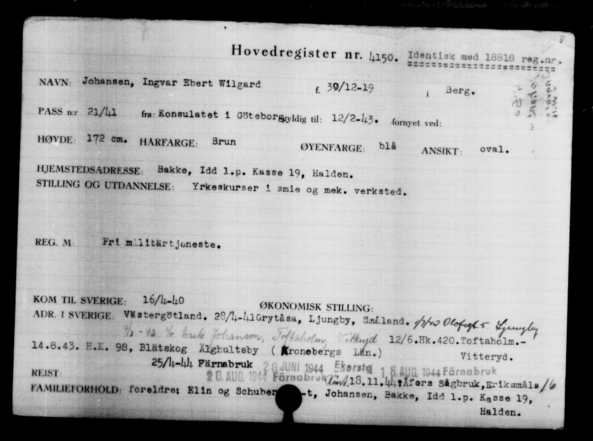 Utenriksstasjonene, Legasjonen i Stockholm, Flyktningkontoret, AV/RA-S-6753/V/Va/L0004: Kjesäterkartoteket, flyktninger med registreringsnr. 3496-6610, 1940-1945, s. 780
