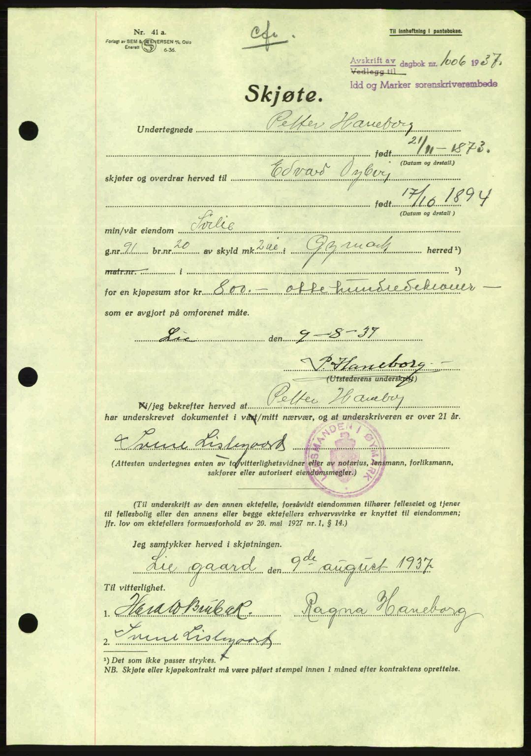 Idd og Marker sorenskriveri, AV/SAO-A-10283/G/Gb/Gbb/L0002: Pantebok nr. A2, 1937-1938, Dagboknr: 1006/1937