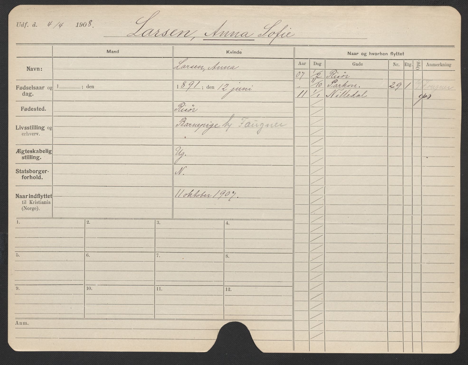 Oslo folkeregister, Registerkort, AV/SAO-A-11715/F/Fa/Fac/L0019: Kvinner, 1906-1914, s. 821a