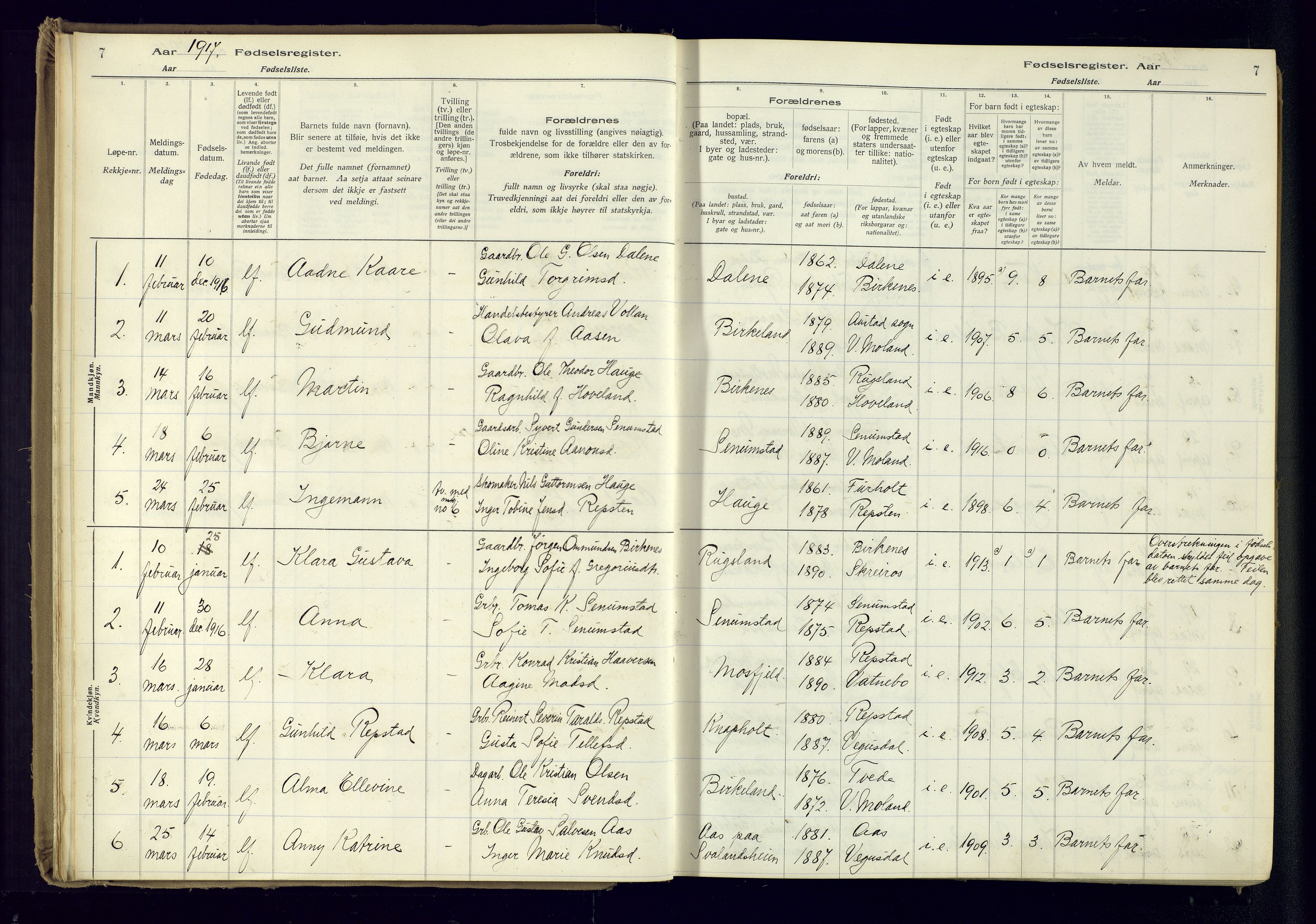 Birkenes sokneprestkontor, SAK/1111-0004/J/Ja/L0001: Fødselsregister nr. II.6.4, 1916-1962, s. 7