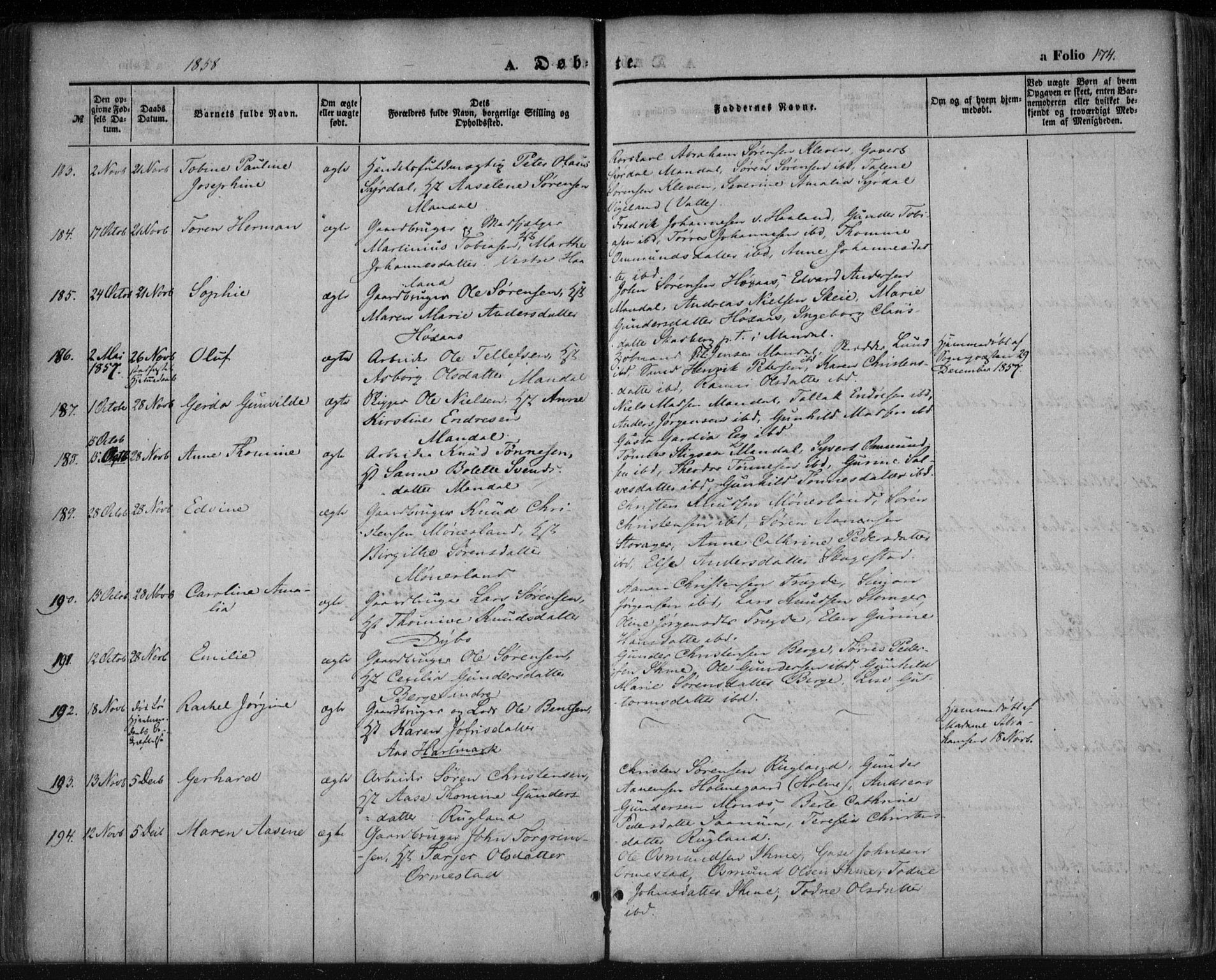 Mandal sokneprestkontor, AV/SAK-1111-0030/F/Fa/Faa/L0013: Ministerialbok nr. A 13, 1847-1859, s. 174