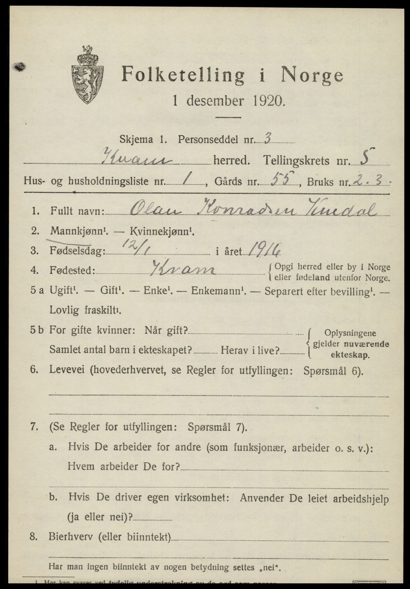 SAT, Folketelling 1920 for 1735 Kvam herred, 1920, s. 1399