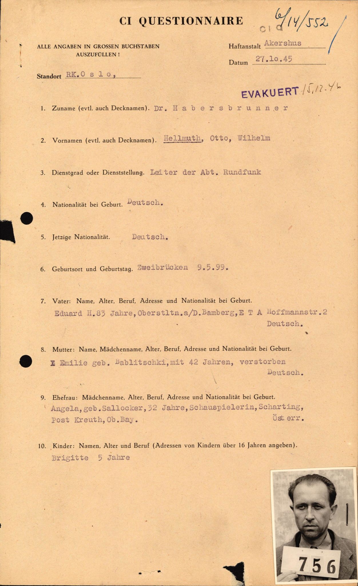 Forsvaret, Forsvarets overkommando II, RA/RAFA-3915/D/Db/L0011: CI Questionaires. Tyske okkupasjonsstyrker i Norge. Tyskere., 1945-1946, s. 104