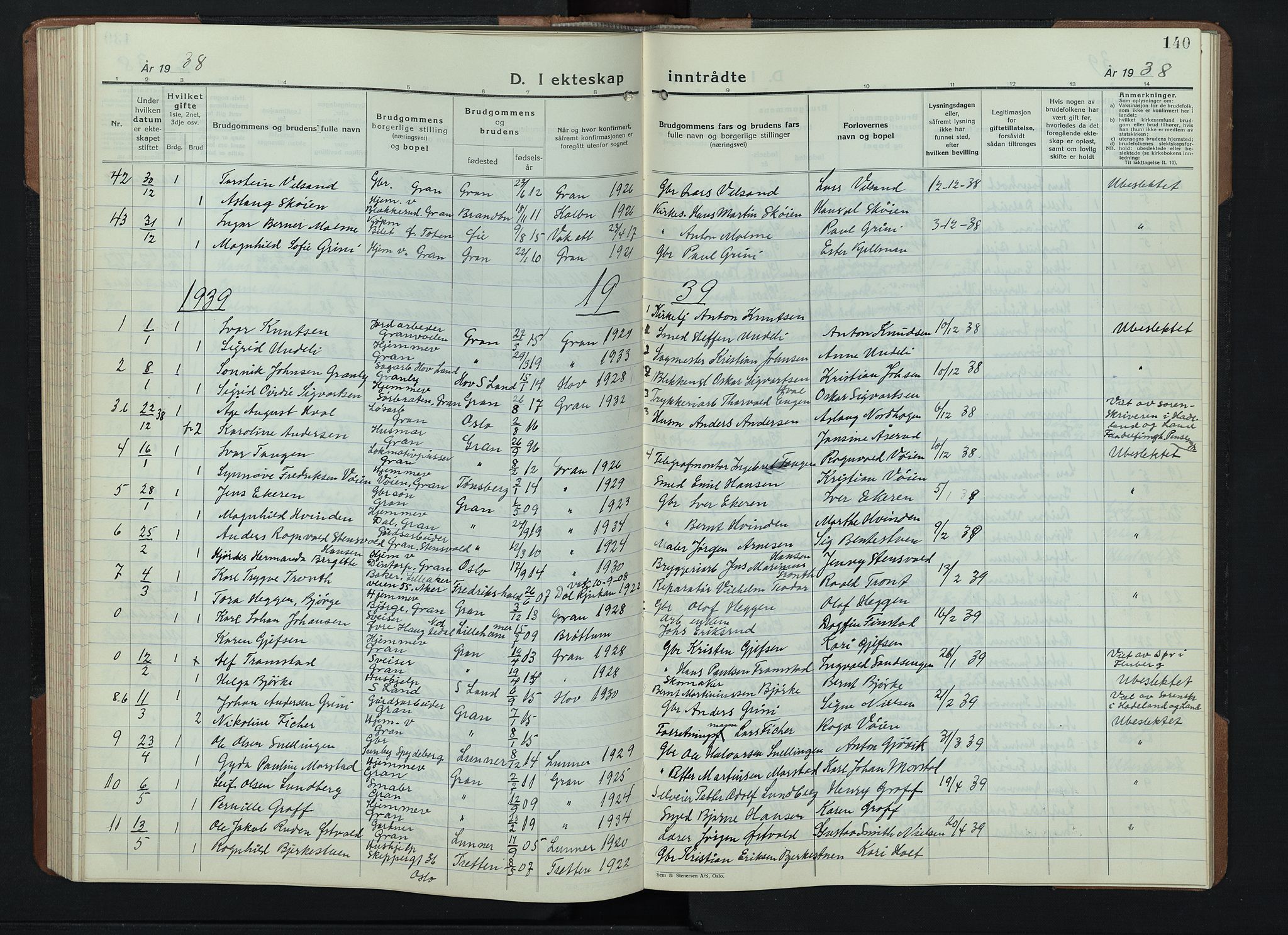Gran prestekontor, AV/SAH-PREST-112/H/Ha/Hab/L0009: Klokkerbok nr. 9, 1933-1950, s. 140
