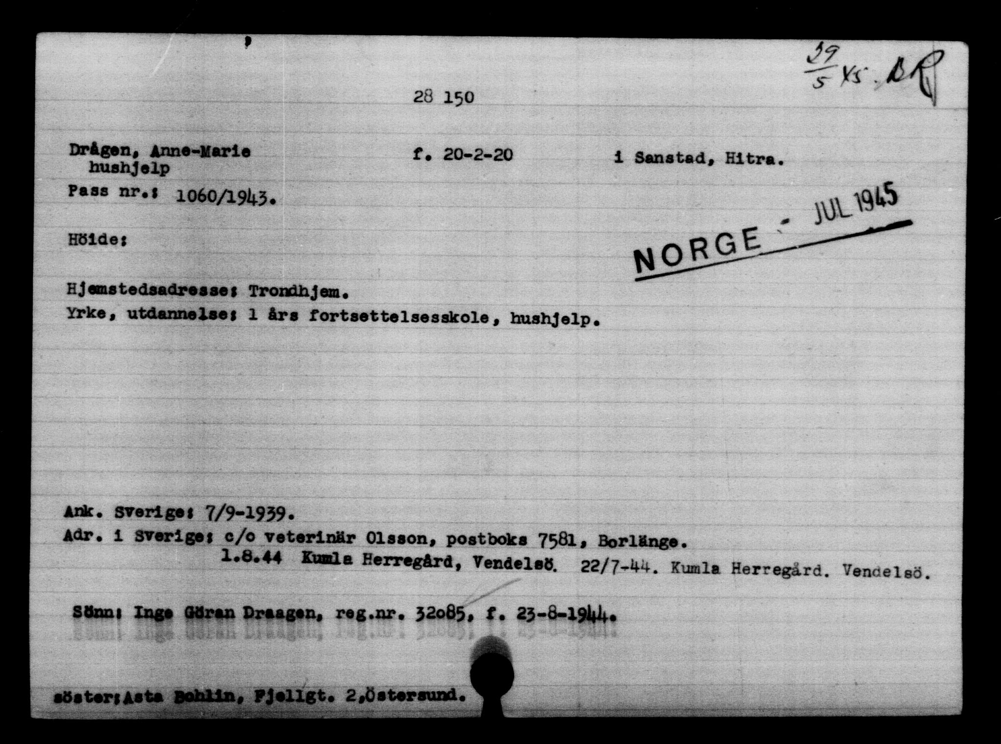 Utenriksstasjonene, Legasjonen i Stockholm, Flyktningkontoret, AV/RA-S-6753/V/Va/L0011: Kjesäterkartoteket, flyktninger med registreringsnr. 25300-28349, 1940-1945, s. 3033