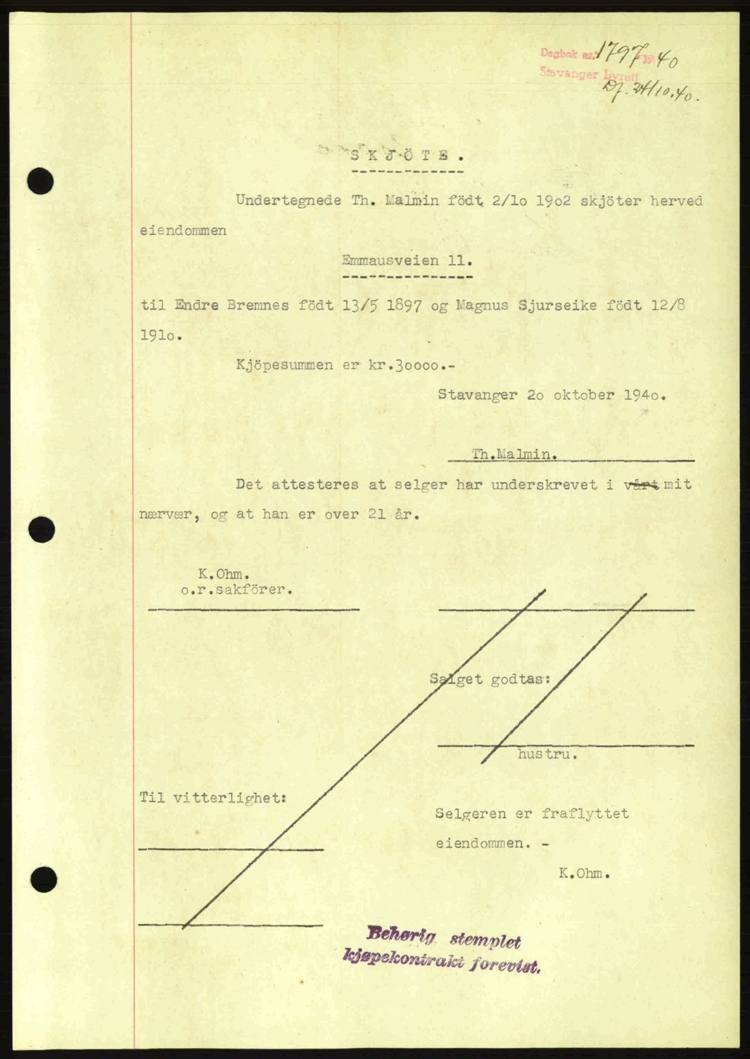 Stavanger byrett, SAST/A-100455/002/G/Gb/L0016: Pantebok nr. A6, 1940-1941, Dagboknr: 1797/1940