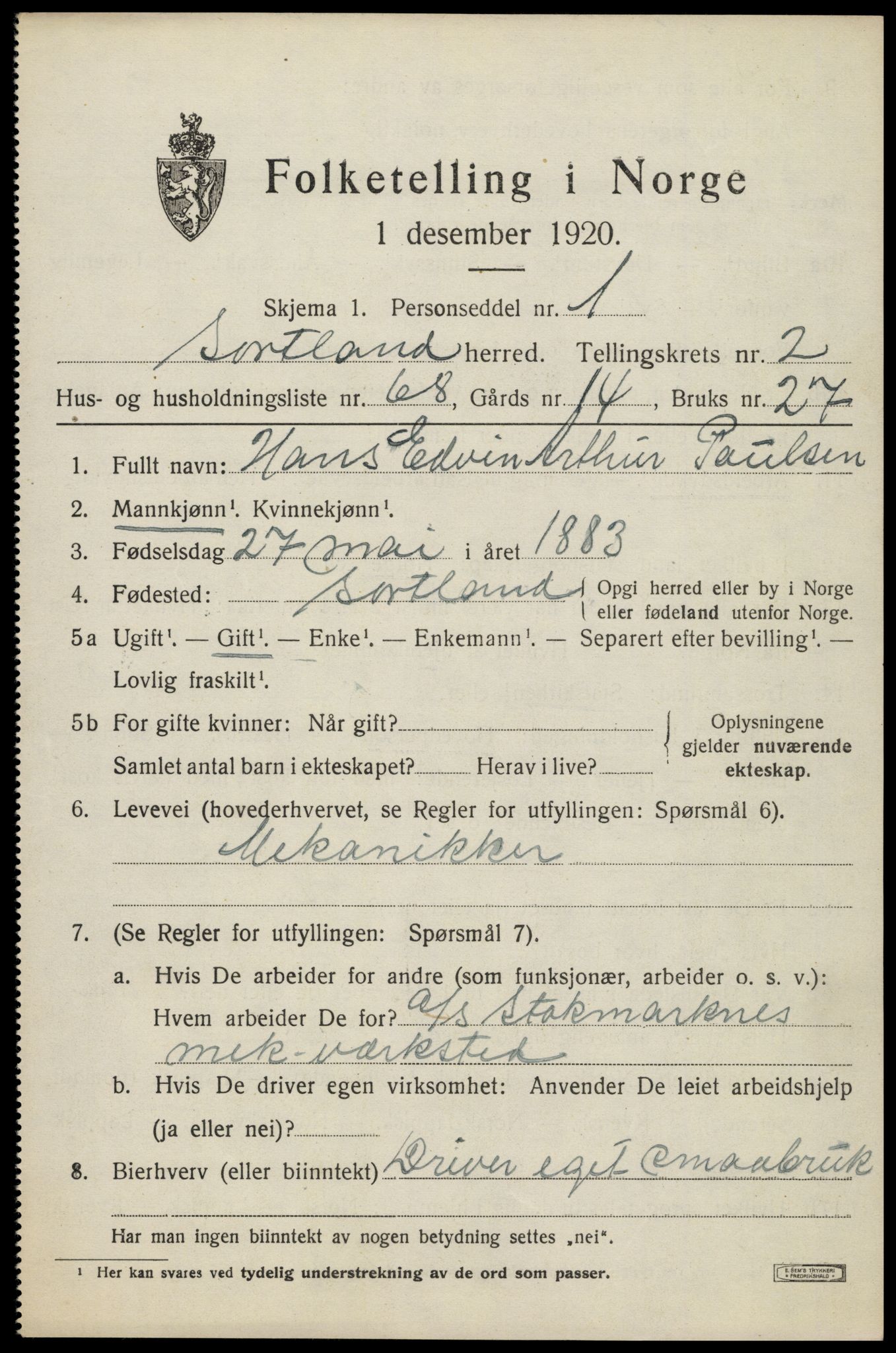 SAT, Folketelling 1920 for 1870 Sortland herred, 1920, s. 3560
