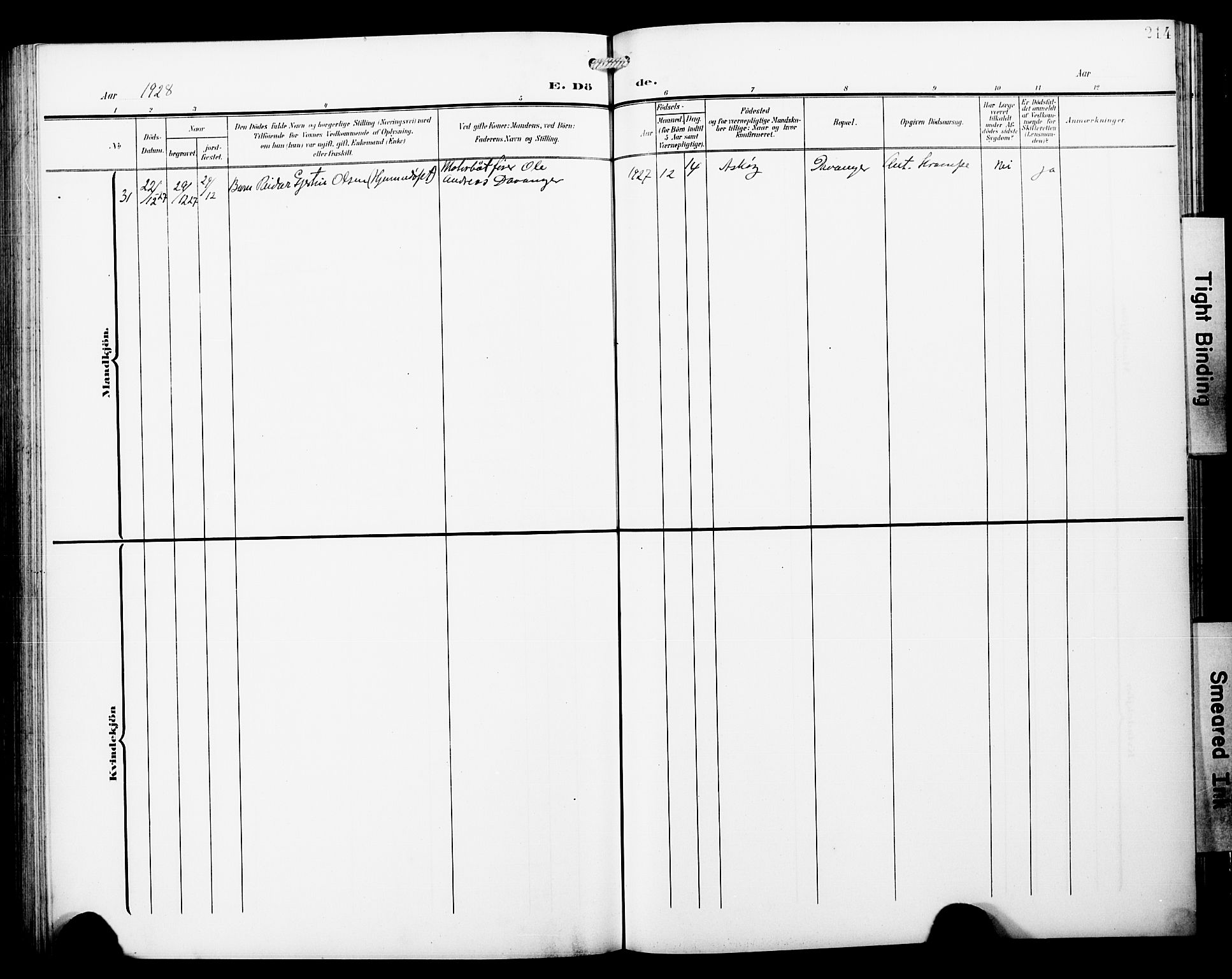 Askøy Sokneprestembete, SAB/A-74101/H/Ha/Hab/Haba/L0014: Klokkerbok nr. A 14, 1904-1927, s. 214