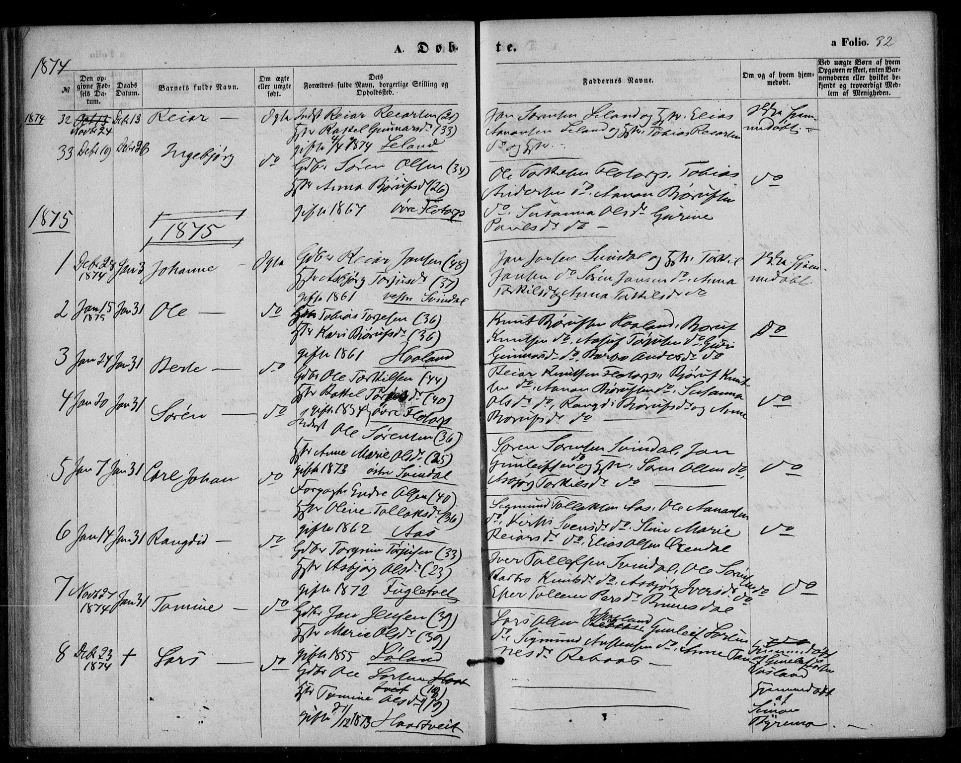 Bjelland sokneprestkontor, AV/SAK-1111-0005/F/Fa/Fac/L0002: Ministerialbok nr. A 2, 1866-1887, s. 32